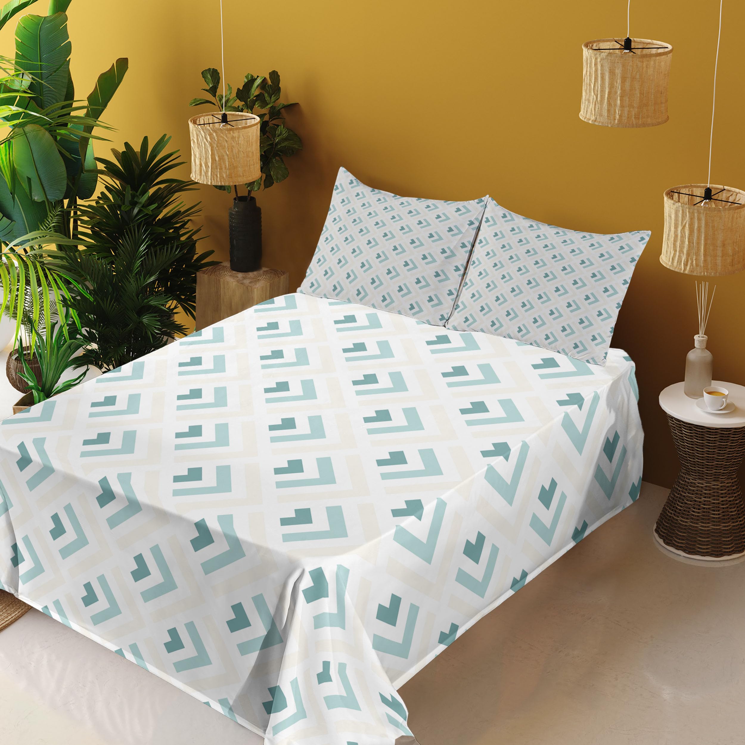 Ambesonne Abstract Arrow Pattern 4-Piece Sheet Set - Minimalist Symmetric Geometric Retro Design Bedding with Fitted & Flat Sheets + Pillowcases - King Size in Pale Peach & Turquoise - Perfect for Modern Bedrooms, Guest Rooms & Airbnb Stays