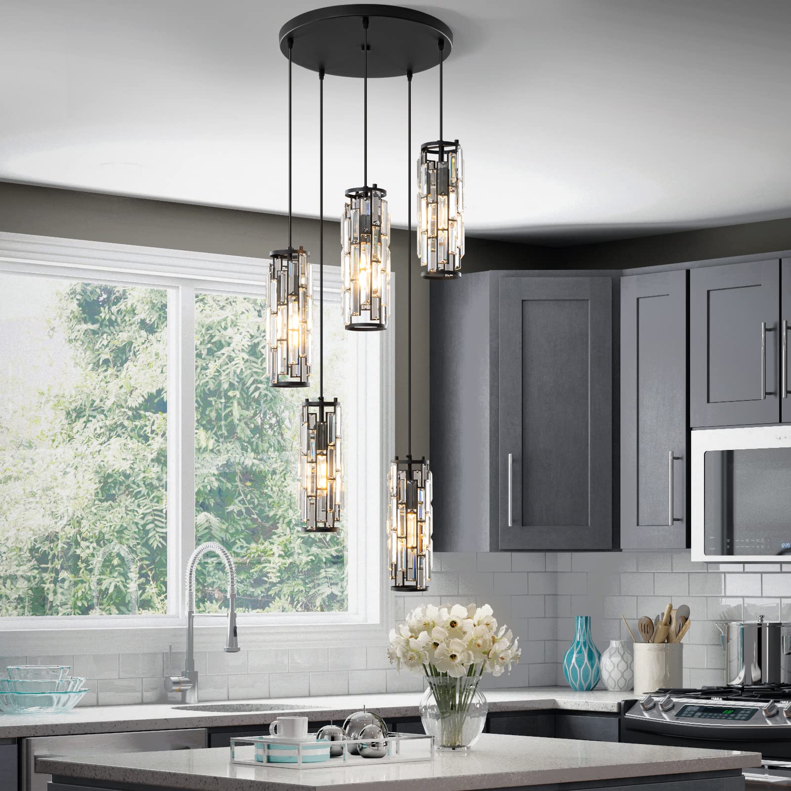 LMQNINE Modern Black Pendant Light Fixture - Adjustable 5-Light Mini Crystal Chandelier for Kitchen Island, Dining Room, Bedroom - Elegant Ceiling Lighting for Home Decor & Interior Design (Black 5-Light)