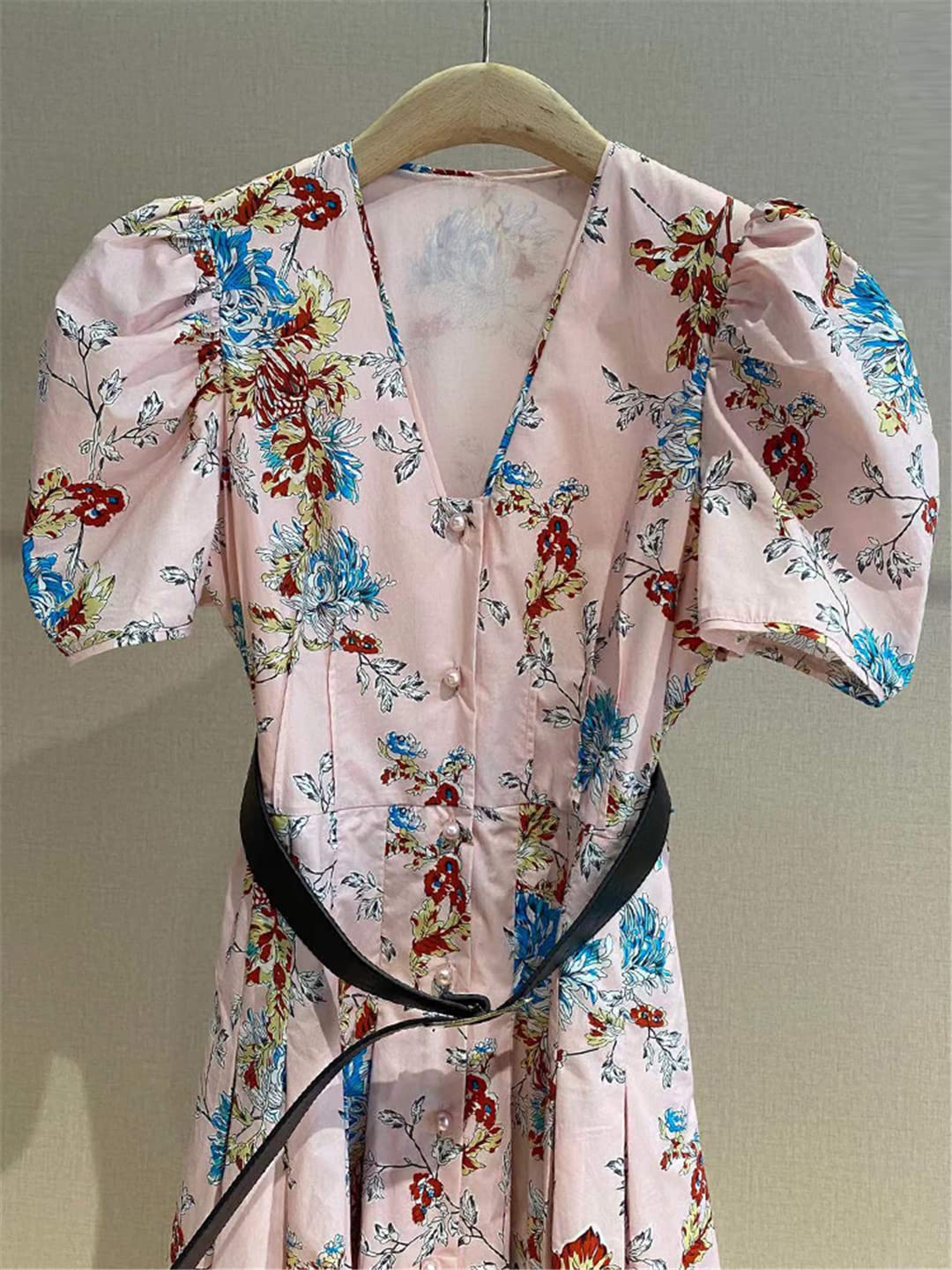 100% Cotton Women's Summer Dress 2023 - Designer Fashion Puff Sleeve V-Neck Floral Print Midi Belt Party Dress for Beach Vacation, Wedding Guest & Casual Outings