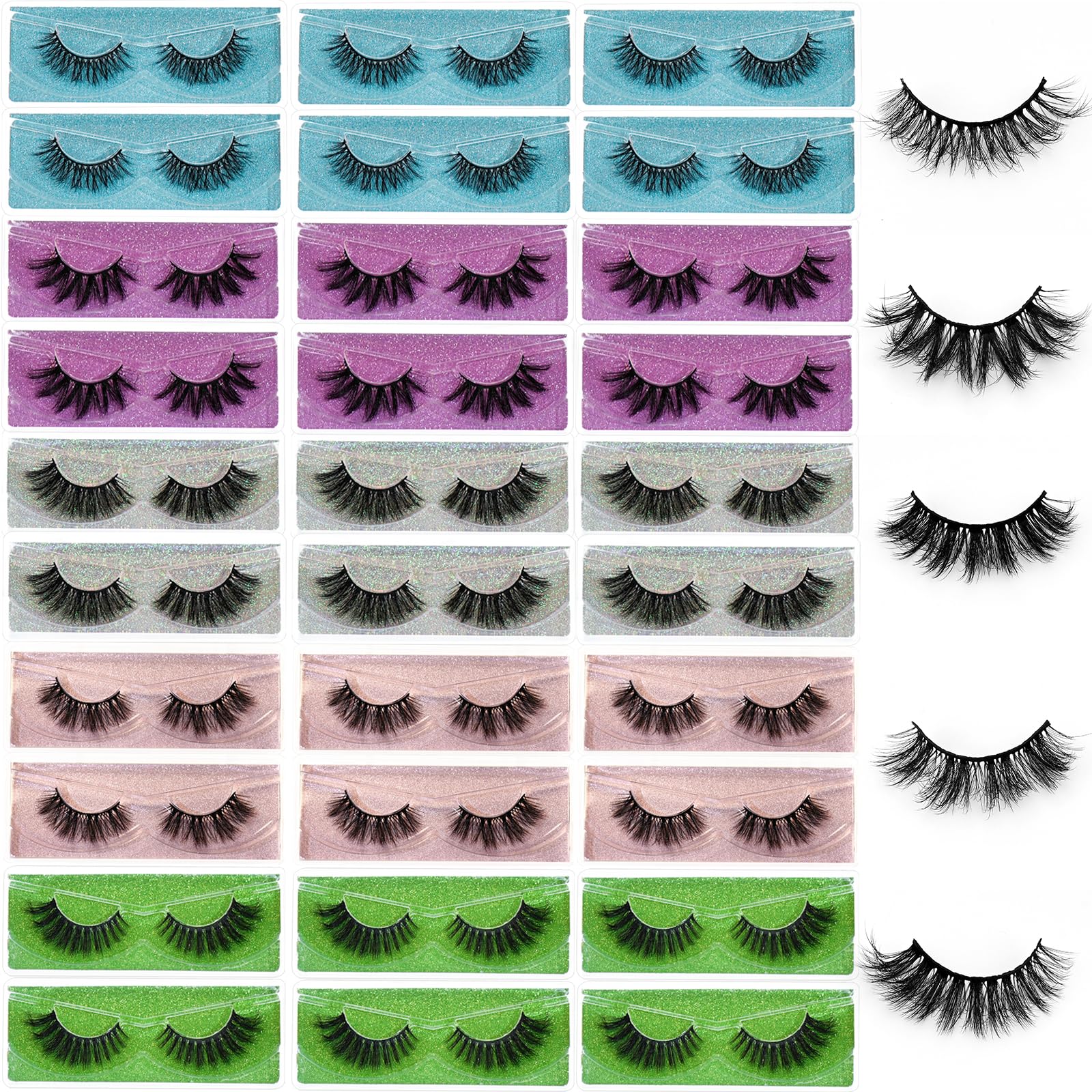 Wholesale 3D Faux Mink Eyelashes Bulk - 18mm Handmade Reusable False Lashes, 5 Styles Dramatic Fluffy Eyelash Set with Glitter (30 Pairs) - Perfect for Parties, Weddings, and Special Occasions