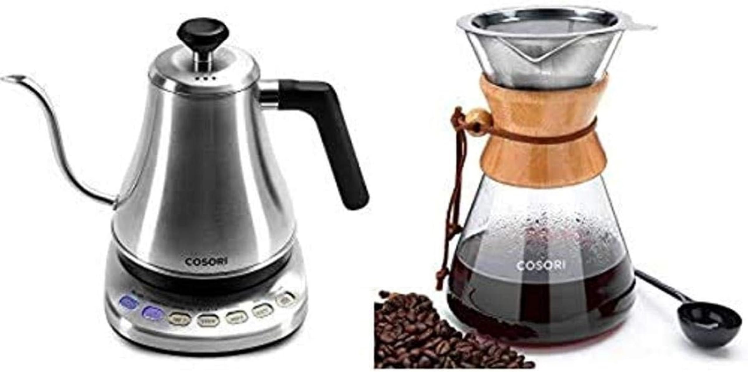 COSORI Electric Gooseneck Kettle with 5 Temperature Presets - 1.0L Stainless Steel Pour Over Coffee Maker Set with 8-Cup Glass Carafe & Reusable Filter - Perfect for Specialty Coffee, Tea Brewing & Home Barista Use
