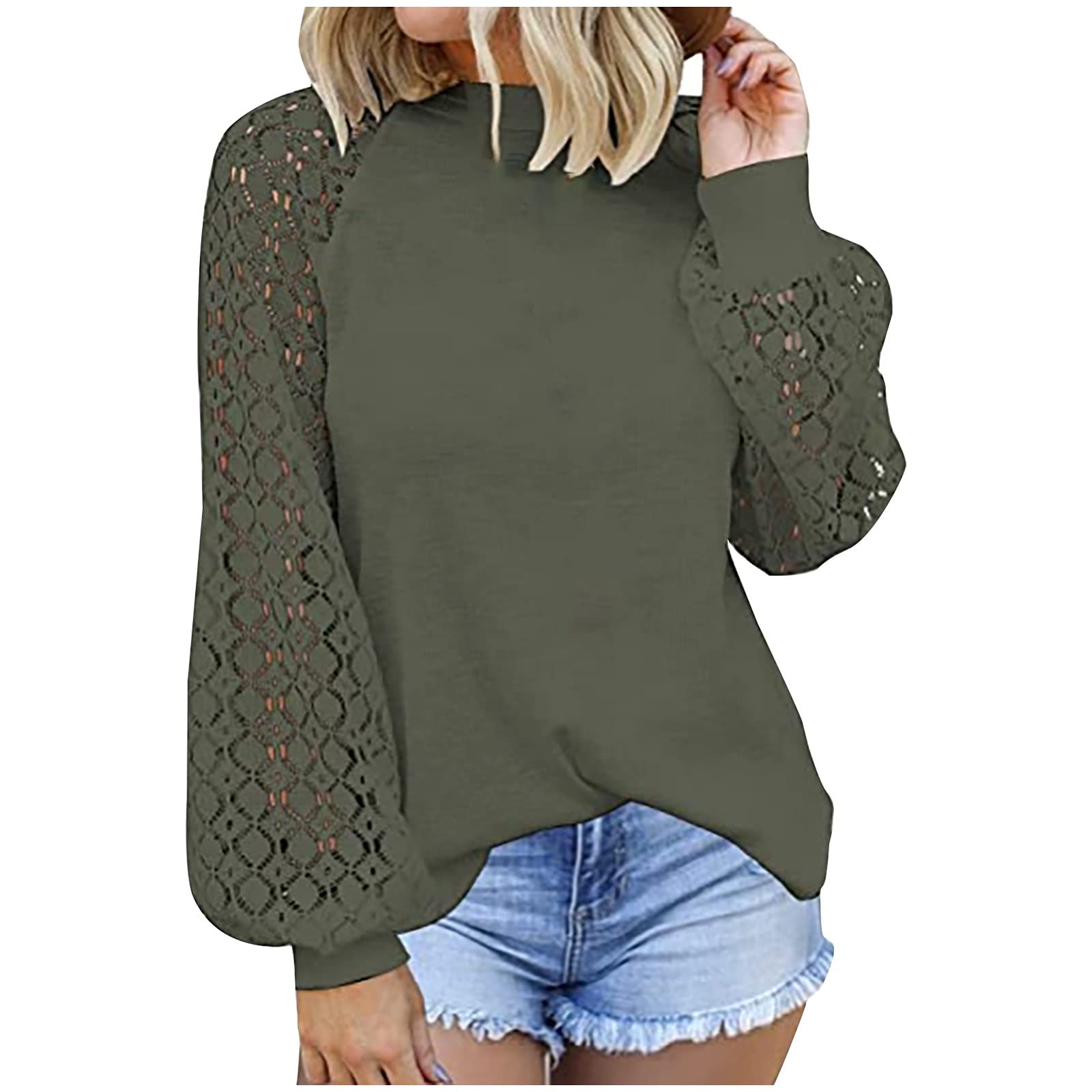 Women's Casual Fall Long Sleeve Lace Blouse - Waffle Knit Crewneck Pullover Tunic Top - Comfortable Loose Fit for Everyday Wear - Perfect for Work, Dates & Autumn Outfits