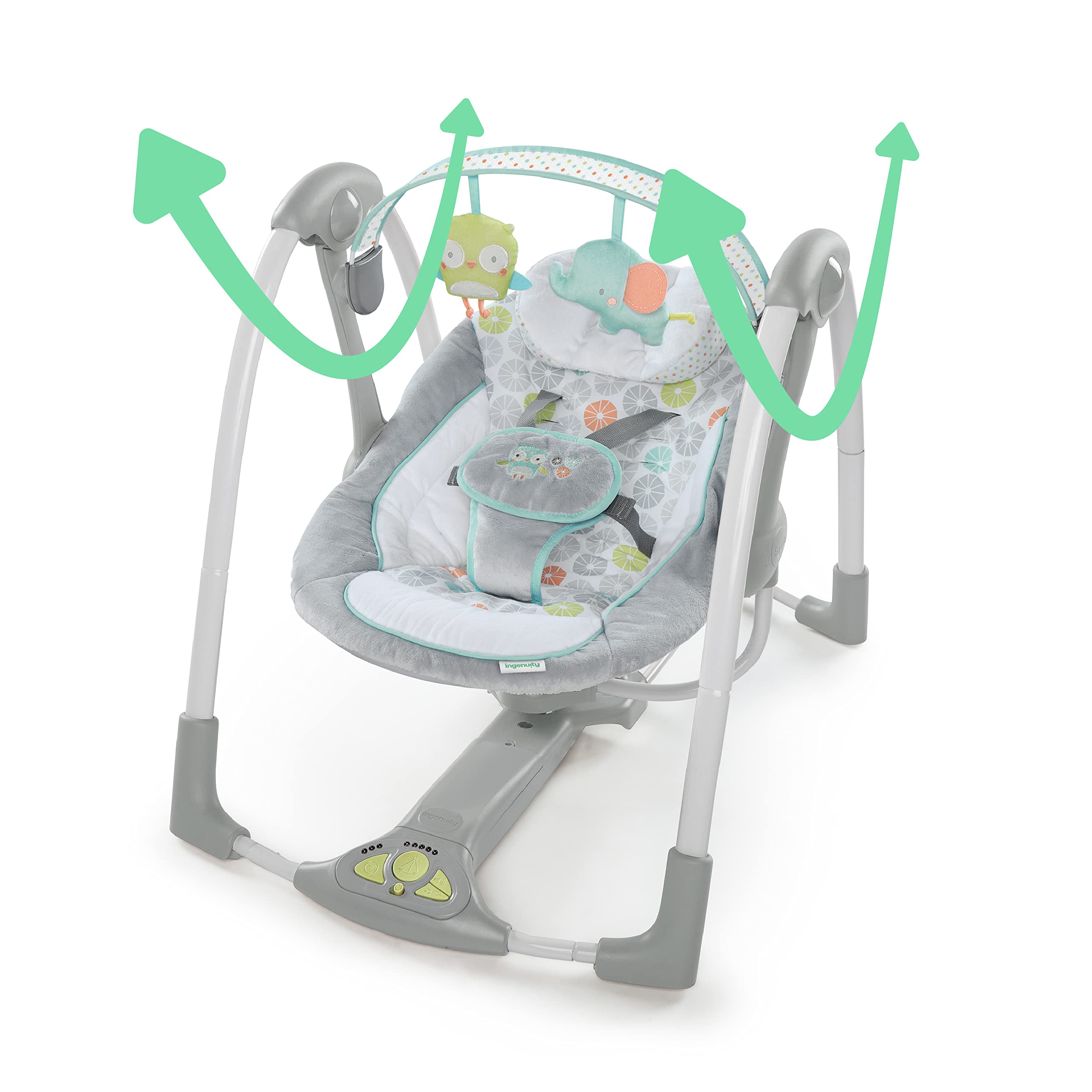 Ingenuity Swing 'n Go 5-Speed Baby Swing - Foldable, Portable Infant Swing with 2 Plush Toys & Soothing Sounds for Newborns 0-9 Months (6-20 lbs) | Perfect for Nursery, Travel & On-the-Go Parents (Hugs & Hoots)
