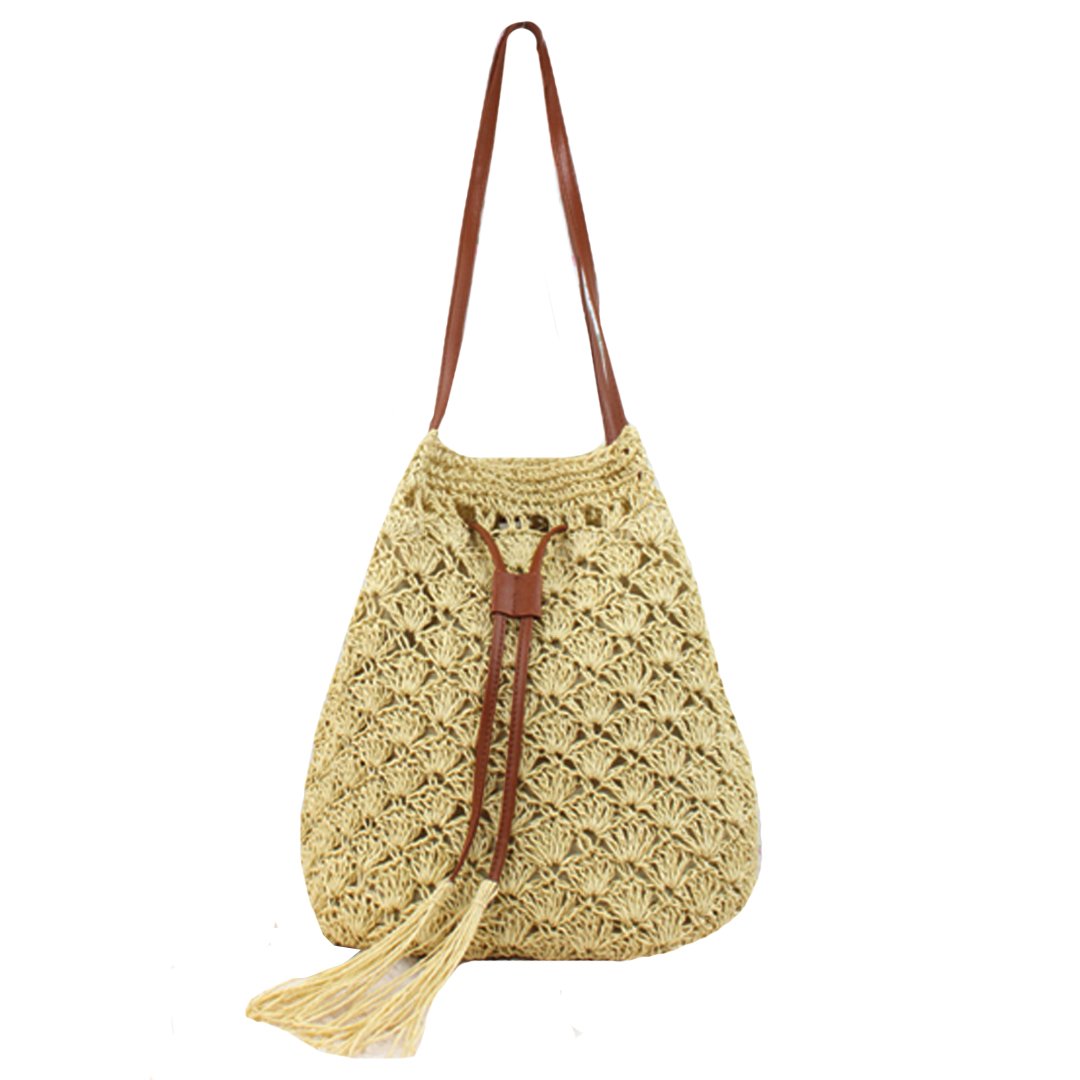 CLARA Women's Straw Woven Beach Bag - Summer Drawstring Bucket Tote & Shoulder Handbag Purse for Vacation, Pool, Travel & Shopping