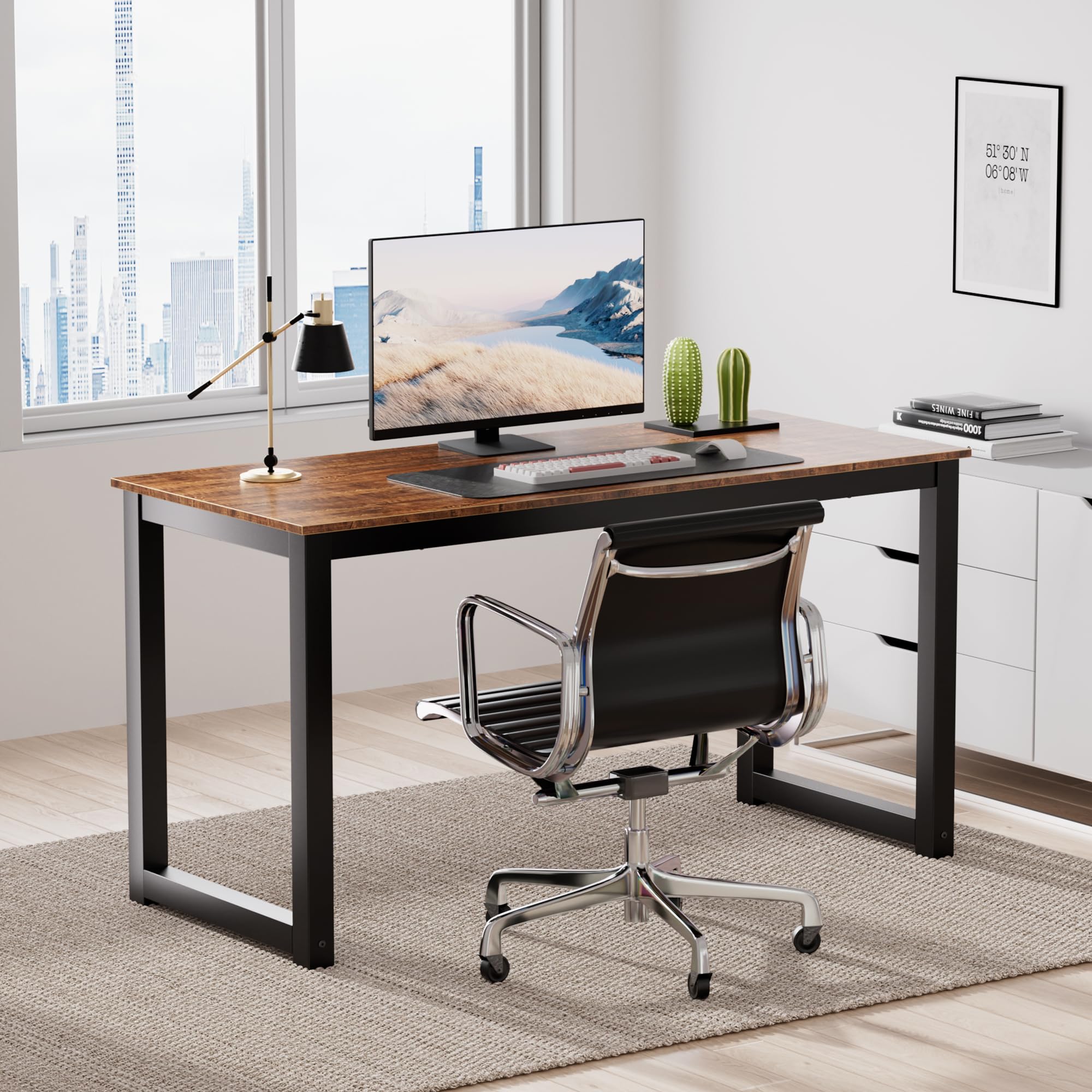 55 Inch Modern Industrial Computer Desk - Home & Office Workstation with Leg Bars, Rustic Brown Writing Table for PC & Laptop | Perfect for Small Spaces, Gaming Setup & Remote Work