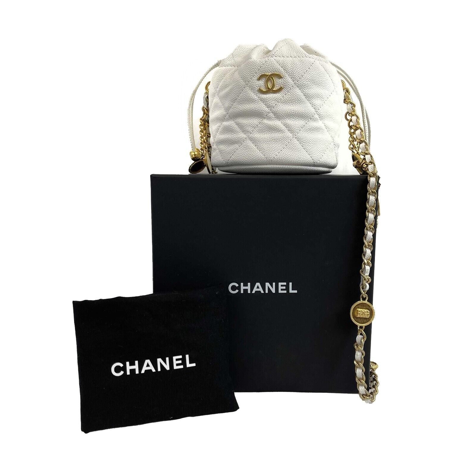 CHANEL Mini Bucket Bag in White Caviar Leather with Gold CC Logo - Stylish Crossbody Purse for Women | Perfect for Everyday Use, Parties & Travel