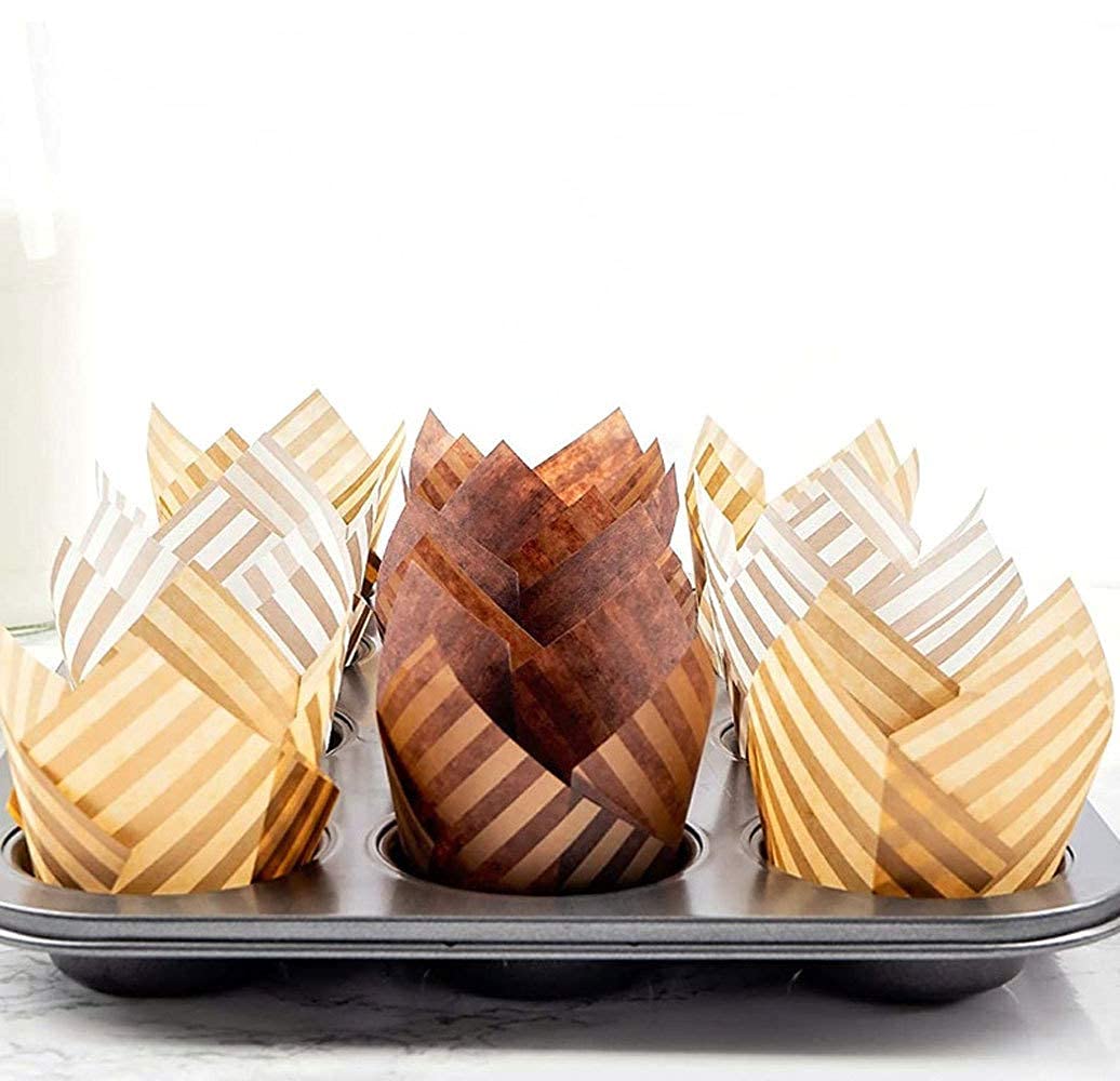 100 Pcs Brown Stripes Tulip Style Baking Paper Cups - Grease-Proof Cupcake Liners & Muffin Wrappers for Wedding, Birthday Party Baking - Perfect for Home Baking, Party Desserts & Holiday Treats
