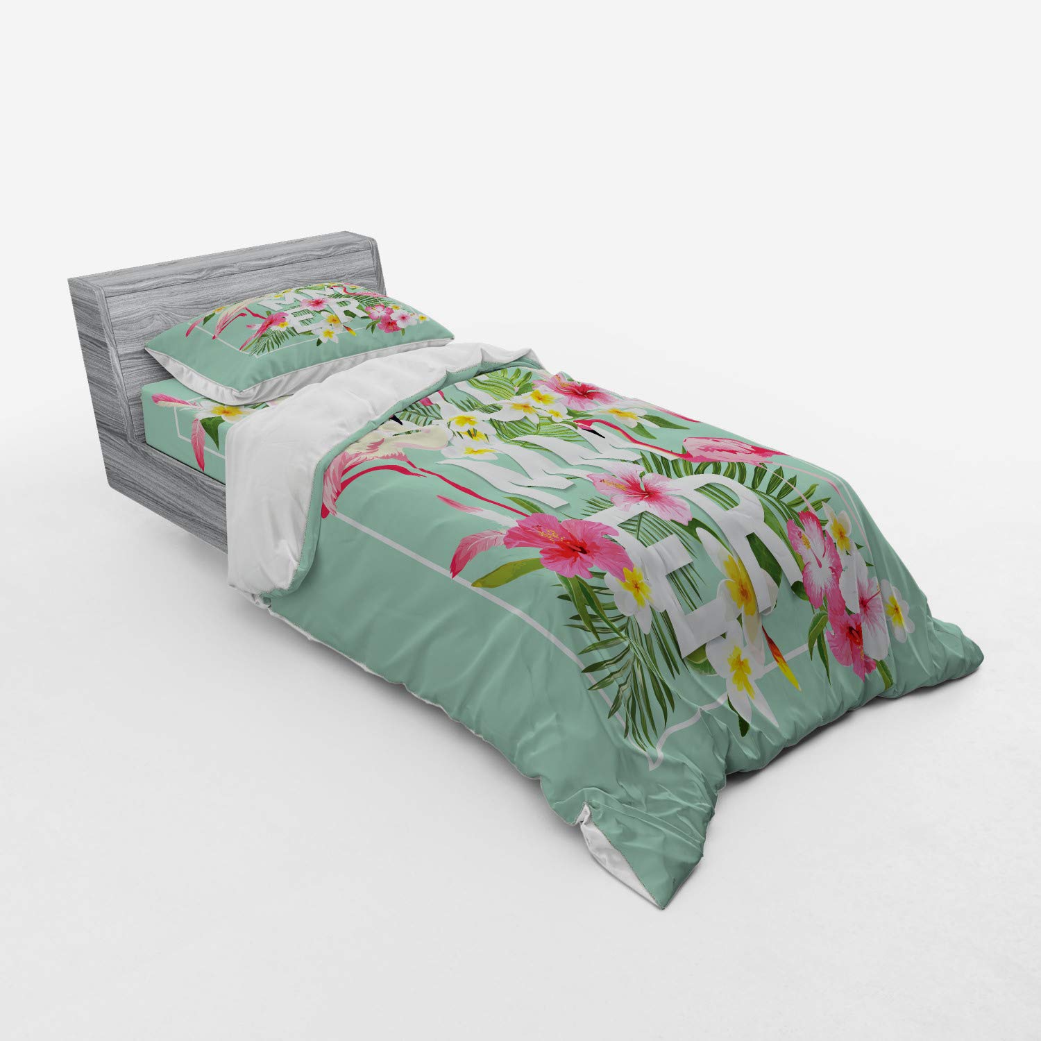 Ambesonne Floral Bedding Set - Tropical Flower & Flamingo Print Duvet Cover 3 Piece Set with Sham & Fitted Sheet, Twin XL Size, Mint Green & Pink | Retro Wedding Decor, Romantic Bedroom Decor, Tropical Themed Bedroom