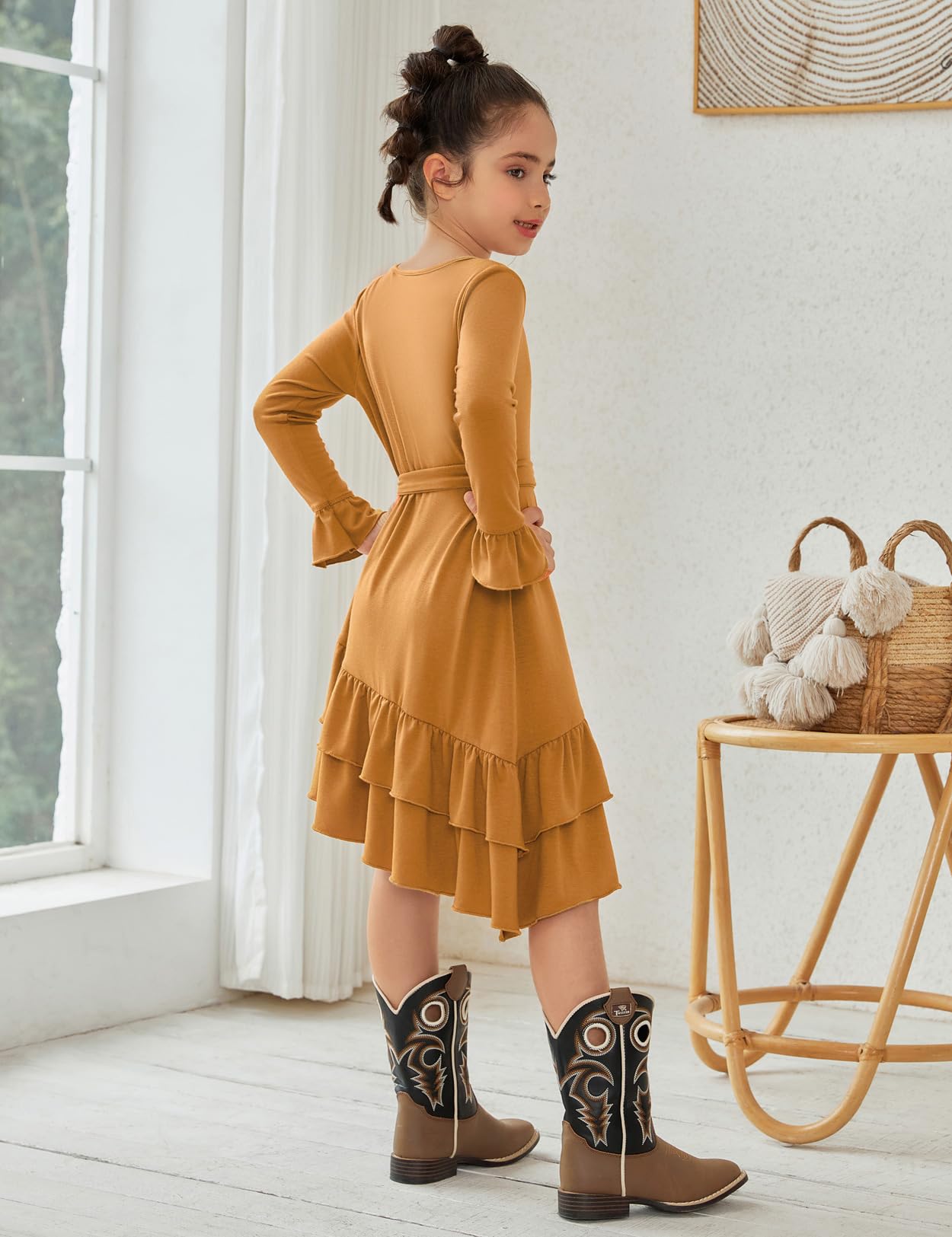 QPANCY Girls Long Sleeve Ruffle Swing Dress with Belt - Round Neck Casual Dresses for Toddler & Kids | Perfect for School, Parties & Family Outings