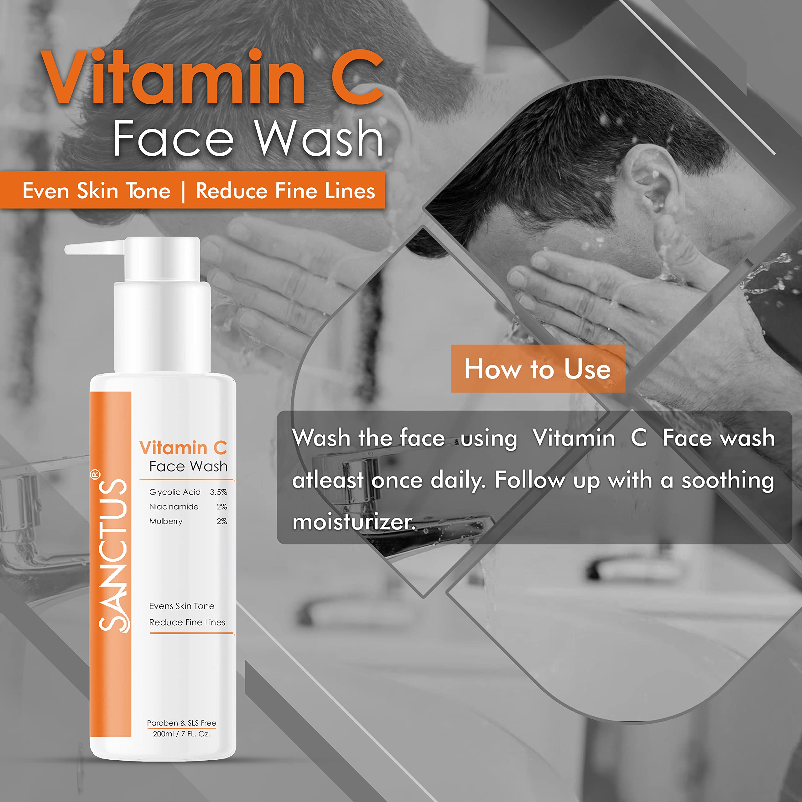 Vitamin C Face Wash with 3.5% Glycolic Acid, 2% Niacinamide & 2% Mulberry Extract - Brightening Cleanser for Even Skin Tone & Wrinkle Reduction | 200ml | Perfect for Morning & Night Skincare Routine