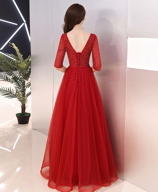 Elegant Burgundy Tulle Beaded Long Prom Dress with Lace Details - Formal Evening Gown for Homecoming, Quinceañera & Special Occasions