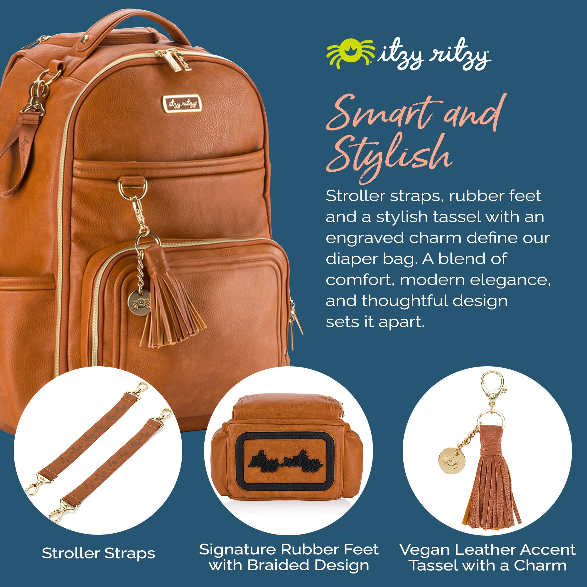 Itzy Ritzy Boss Plus Baby Diaper Backpack – Large Capacity with 19 Pockets, Changing Pad & Stroller Clips | Comfortable Shoulder Straps in Cognac | Perfect for Moms, Dads & Caregivers on the Go