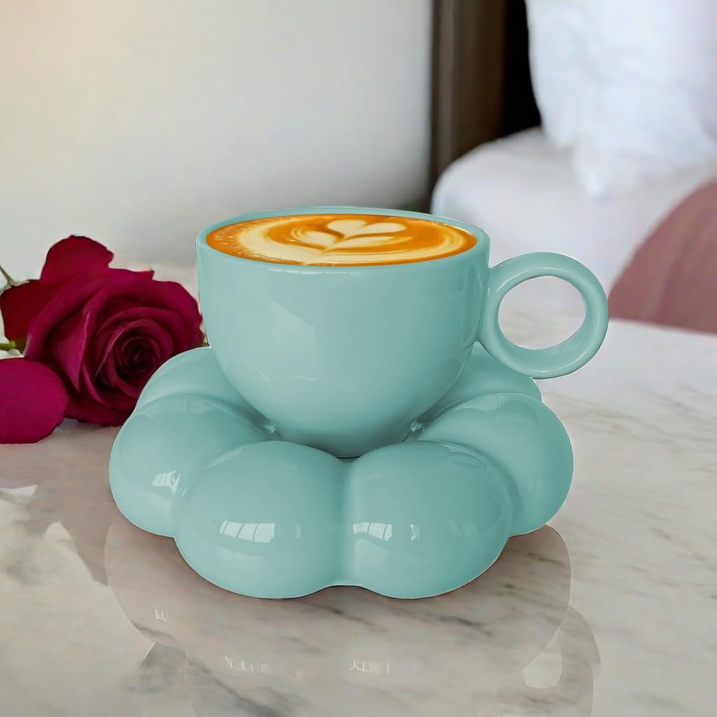 ARISKEY 6.5oz Cute Coffee Mug Set for Women - Teal Blue Tea Cup with Saucer & Spoon (200ml) | Microwave & Dishwasher Safe | Perfect for Latte, Milk, Tea & Office/Home Use