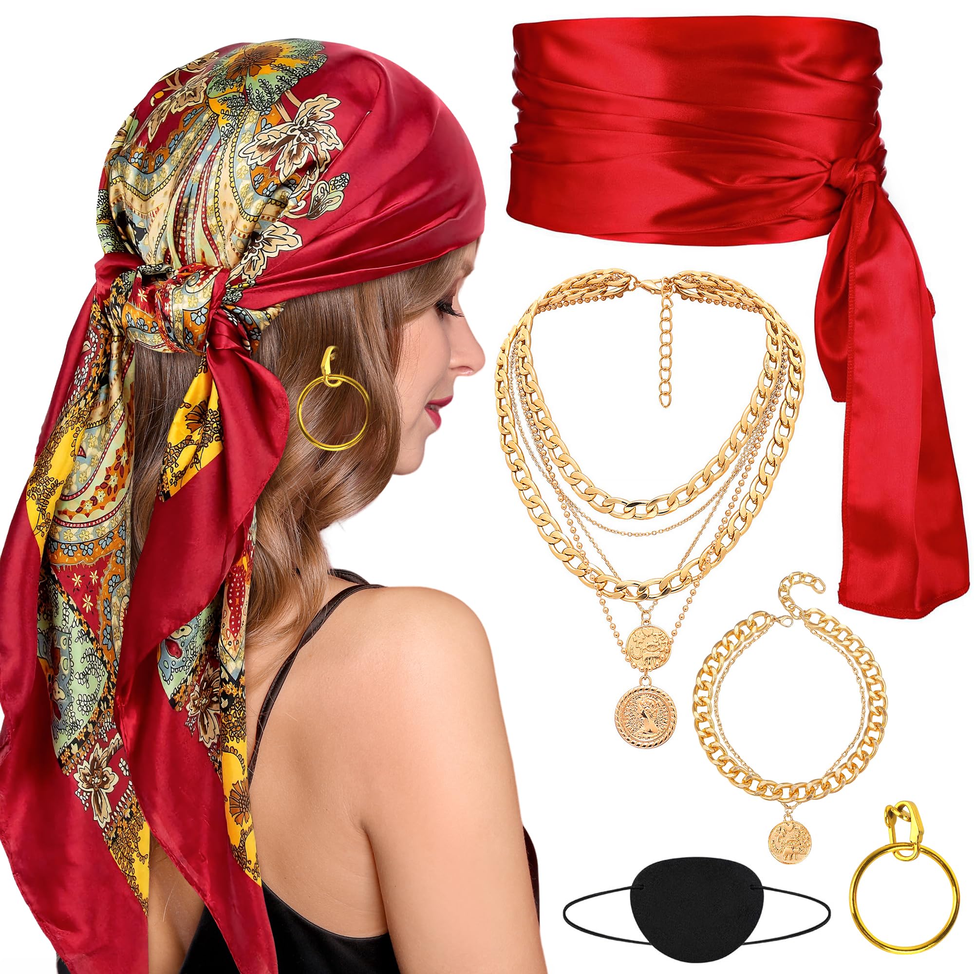 Women's Pirate Costume Accessories Set - 6PCS Captain Pirate Bandana, Head Scarf, Sash & Necklace for Halloween, Cosplay & Themed Parties