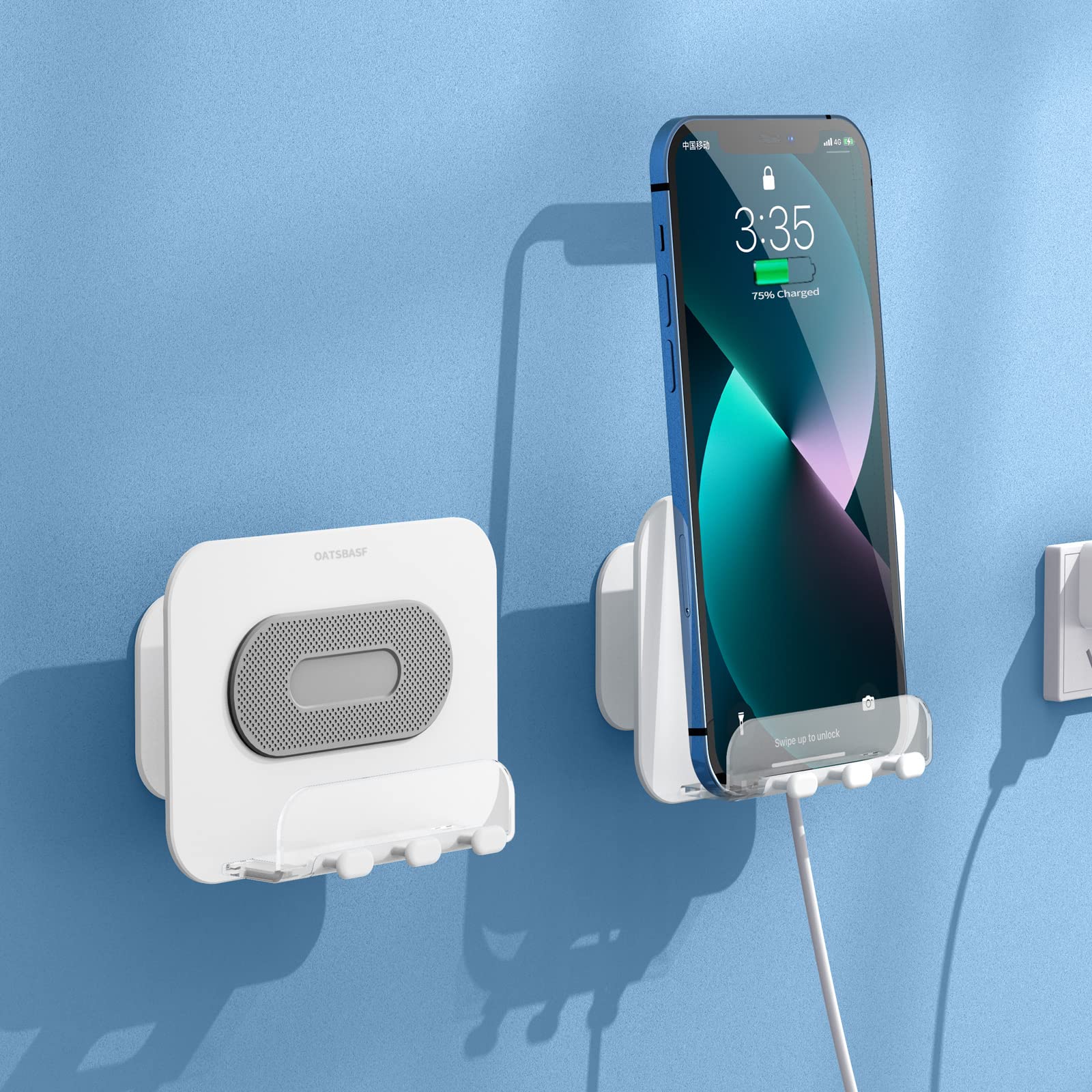 Xuenair Adhesive Wall Mount Phone Holder - Adjustable Angle Cell Phone Stand with Hooks for Bathroom, Bedroom, Kitchen & Dorm - White | Perfect for Hands-Free Viewing While Cooking, Showering or Working