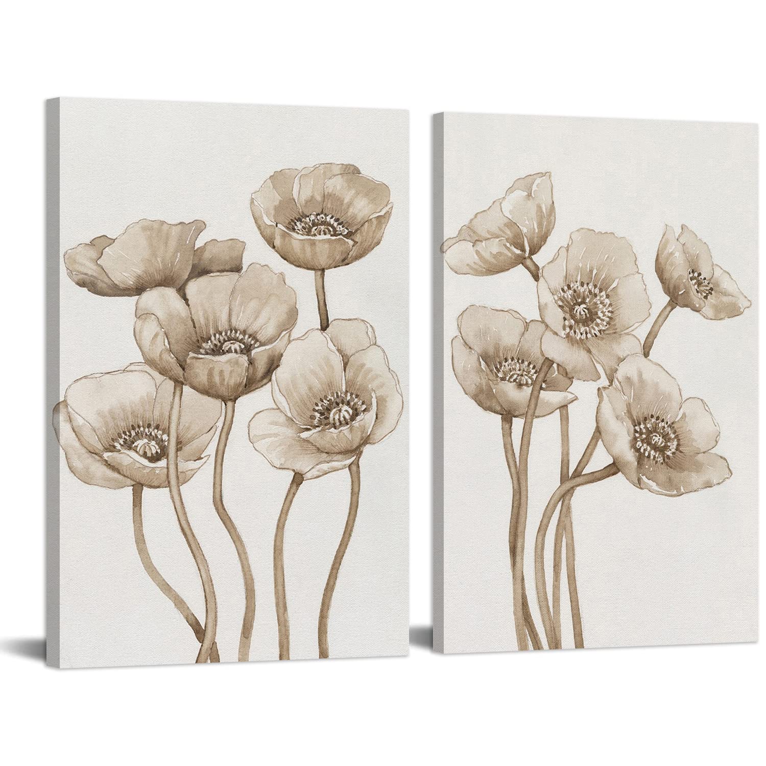 Retro Poppy Canvas Wall Art - 2-Piece Framed Floral Oil Painting Print (24x36 Inch) for Living Room, Bedroom & Office Decor | Ready to Hang Modern Home Decorations | Perfect for Housewarming Gifts & Interior Design