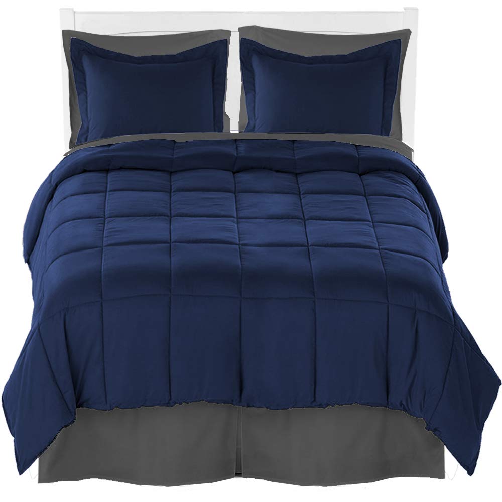 Premium Ultra-Soft Brushed Microfiber Split King Comforter Set with Sheet Set & Bed Skirt - Dark Blue Comforter, Grey Sheets & Bed Skirt - Perfect for Master Bedrooms, Guest Rooms & Luxury Hotels