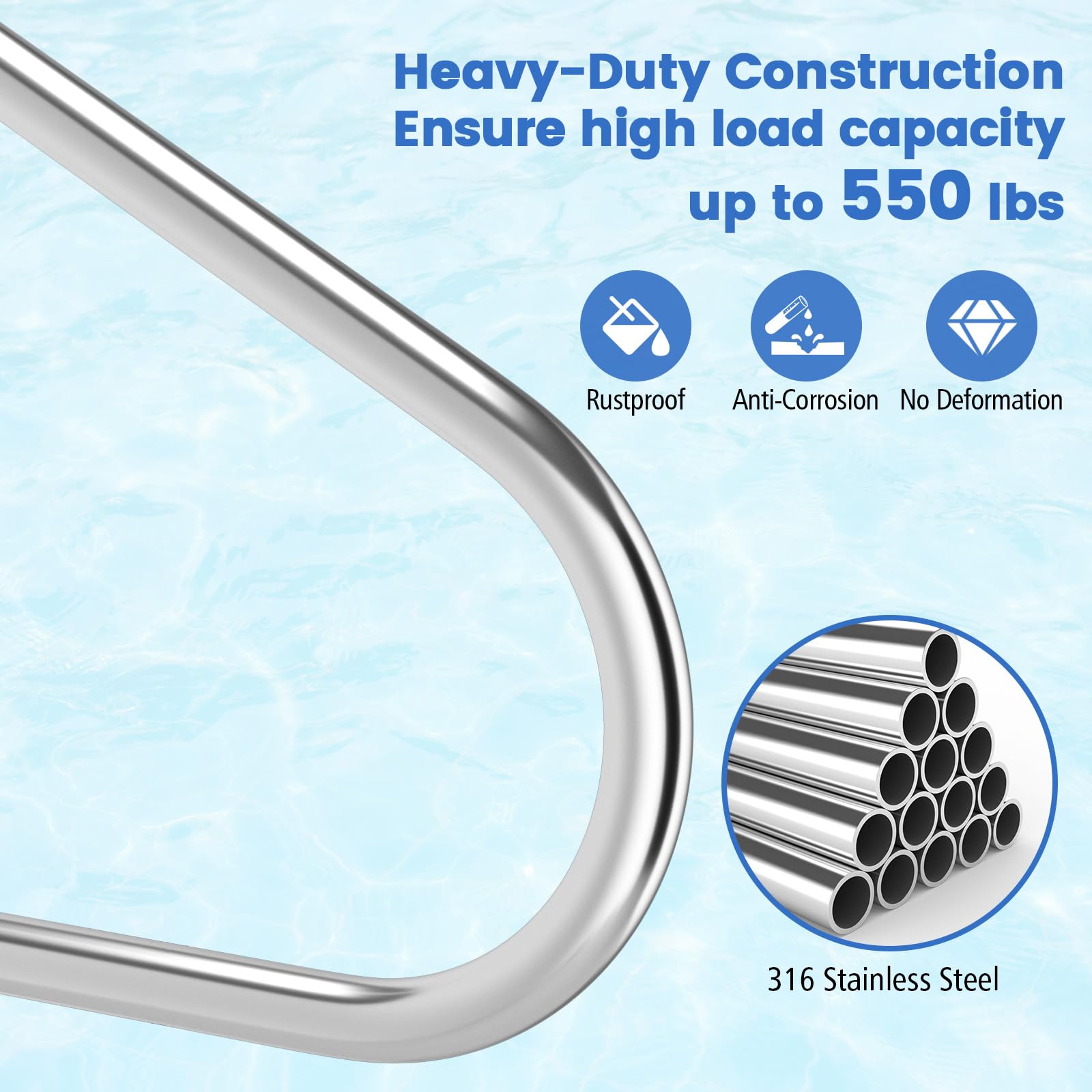 Goplus 49''x34'' Stainless Steel Pool Handrail - 316 Grade, Non-Slip Grip Cover, 550LBS Weight Capacity for Inground Swimming Pools | Safety Support for Elderly & Kids | Easy Installation with Base Plate (1 Pack)