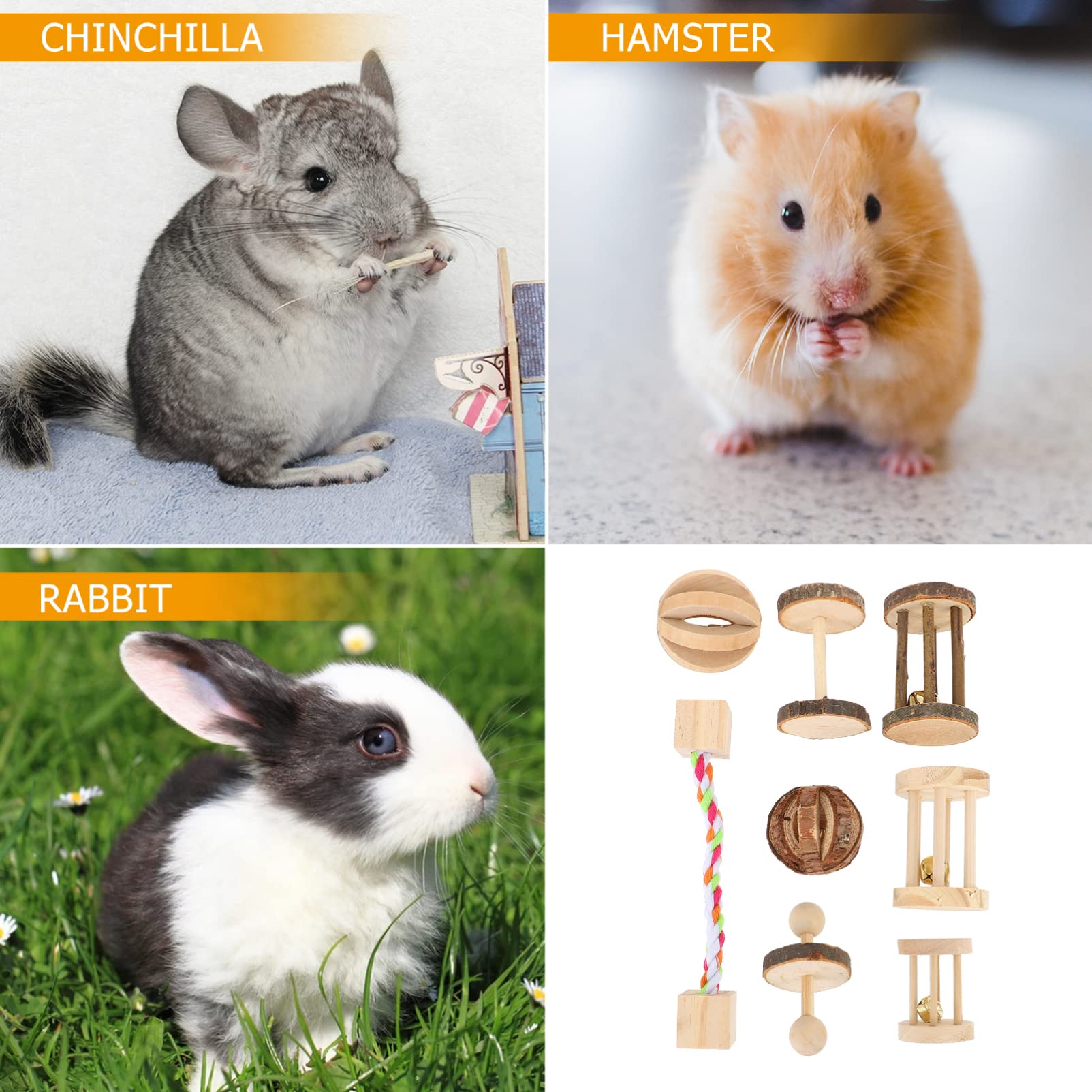 Balacoo 8PCS Natural Wood Hamster Chew Toys - Small Animal Teething Toys for Hamsters, Chinchillas & Rabbits - Wooden Play Hut & Running Cave for Pet Enrichment & Dental Health - Perfect for Cage Accessories & Playtime Fun