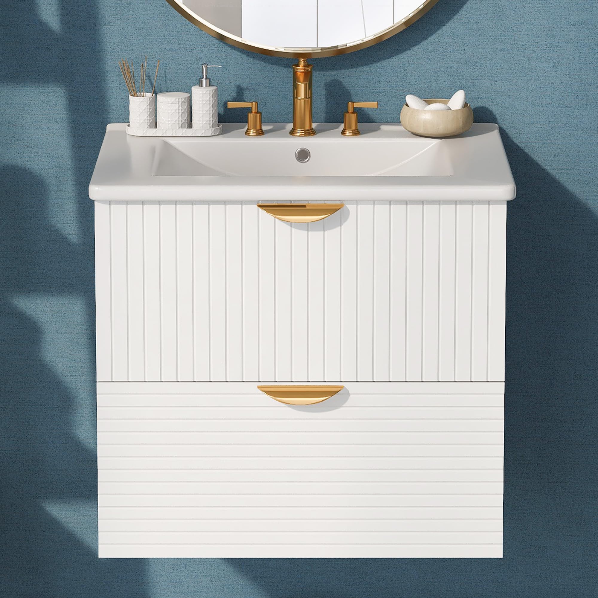 Polibi Modern 24-Inch Floating Wall-Mounted Bathroom Vanity with 2 Drawers & Top Sink - Space-Saving Storage Solution for Small Bathrooms, Powder Rooms & Apartments