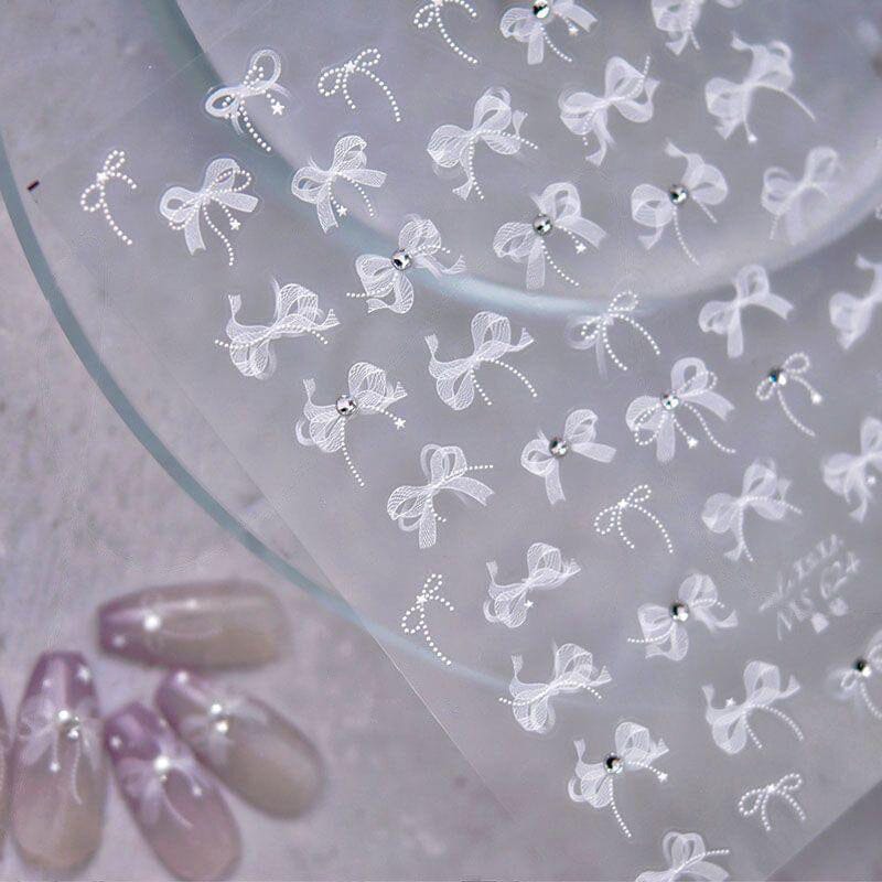 3D White Lace Bowknot Nail Stickers with Rhinestones - T355 #01 for Manicure, Nail Art, and Special Occasions