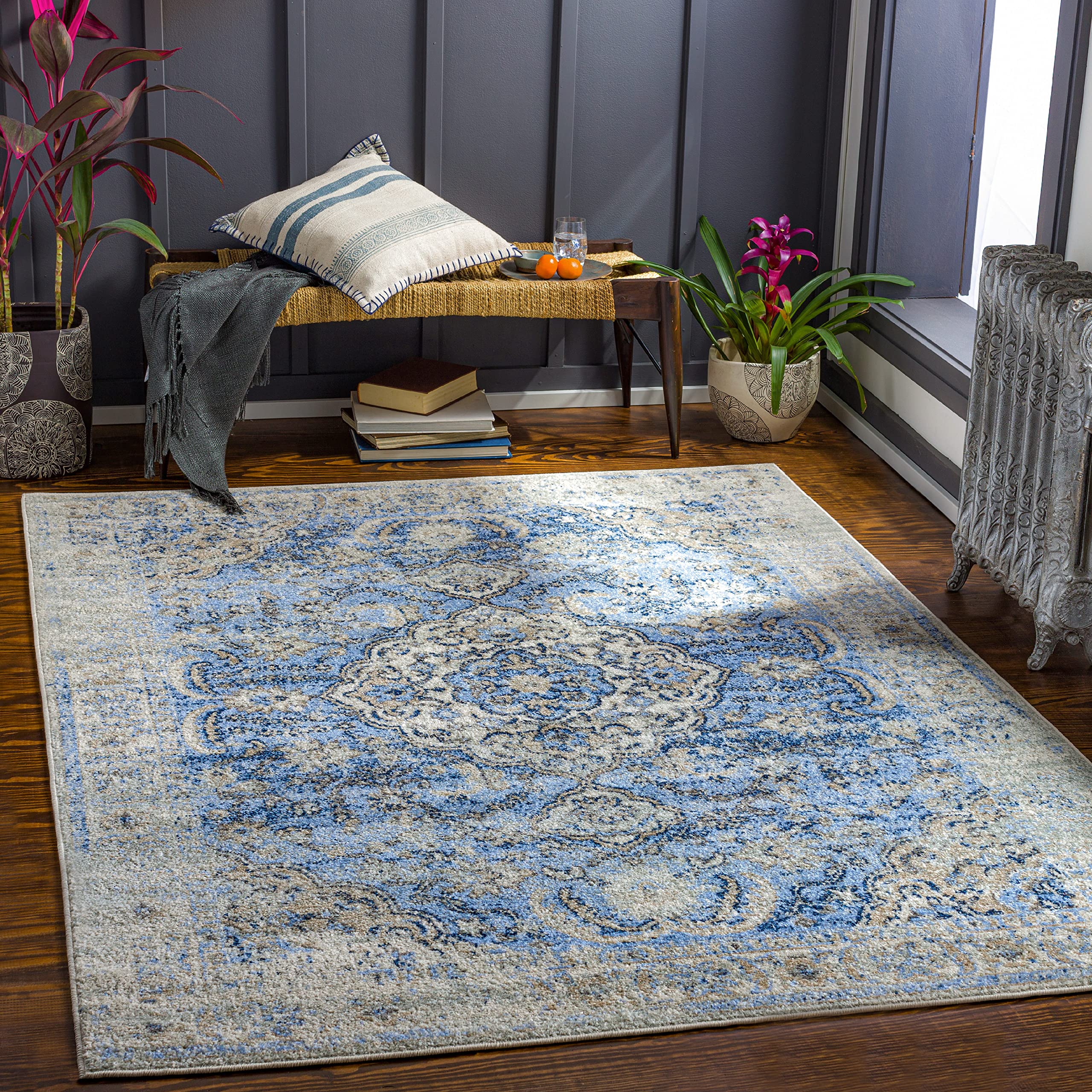 Mark&Day Traditional Cobalt Area Rug 8x10 - Blue Gray Brown Handmade Carpet for Living Room, Bedroom, Kitchen | Soft & Durable Floor Covering (7'10