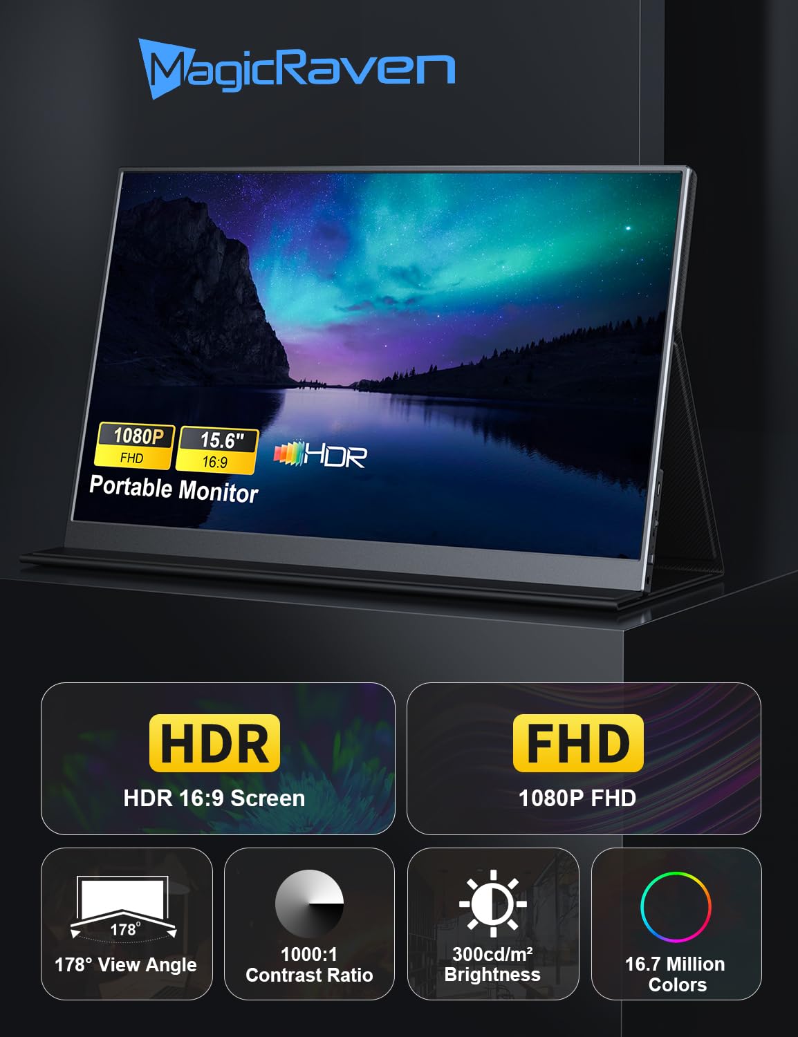 MagicRaven 15.6'' Portable Monitor - Full HD 1080P USB-C HDMI External Display with HDR & Eye Care, Ultra-Thin Lightweight Second Screen for Laptop, PC, Mac, Phone, Xbox, Switch & PS5 - Perfect for Work, Gaming & Travel