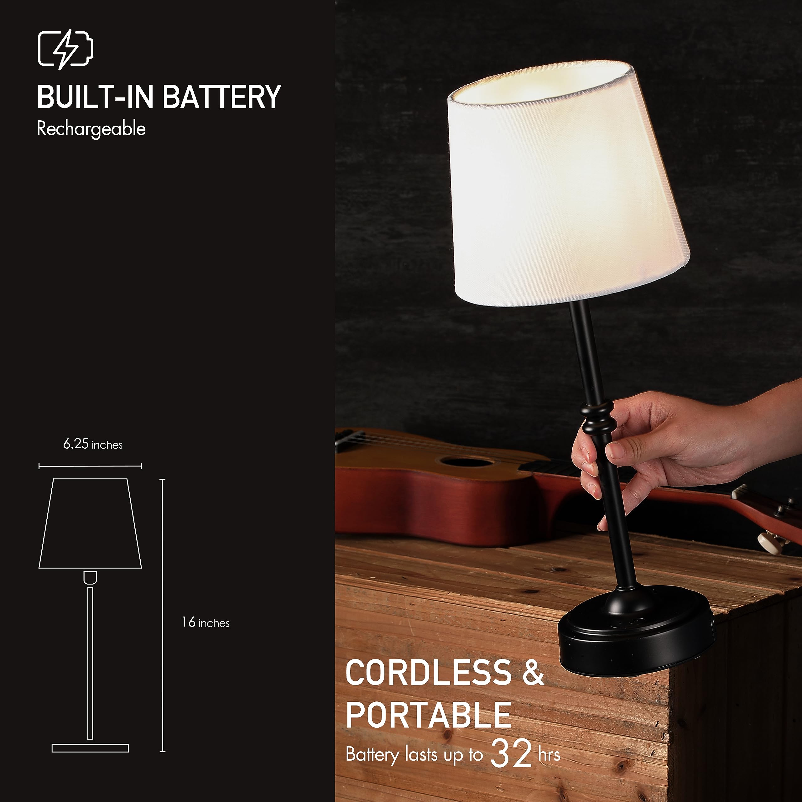 O’Bright Seraph - Rechargeable Cordless LED Table Lamp with 3-Level Dimmer, Built-in Battery, Black - Perfect for Bedside Night Light, Patio Decor, Restaurant Ambient Lighting & Home Office Desk Lamp