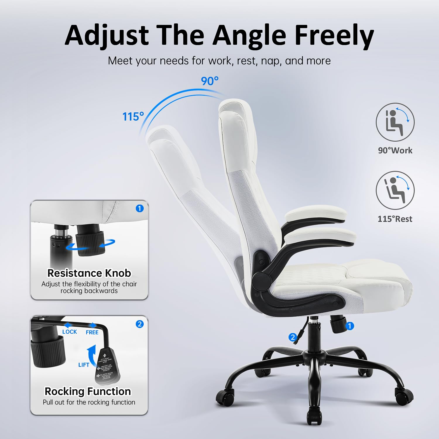 Premium Ergonomic Office Chair - Executive Leather Desk Chair with Adjustable Flip-Up Arms, Lumbar Support & Rocking Function - Ideal for Home Office, Gaming & Workspace (White)