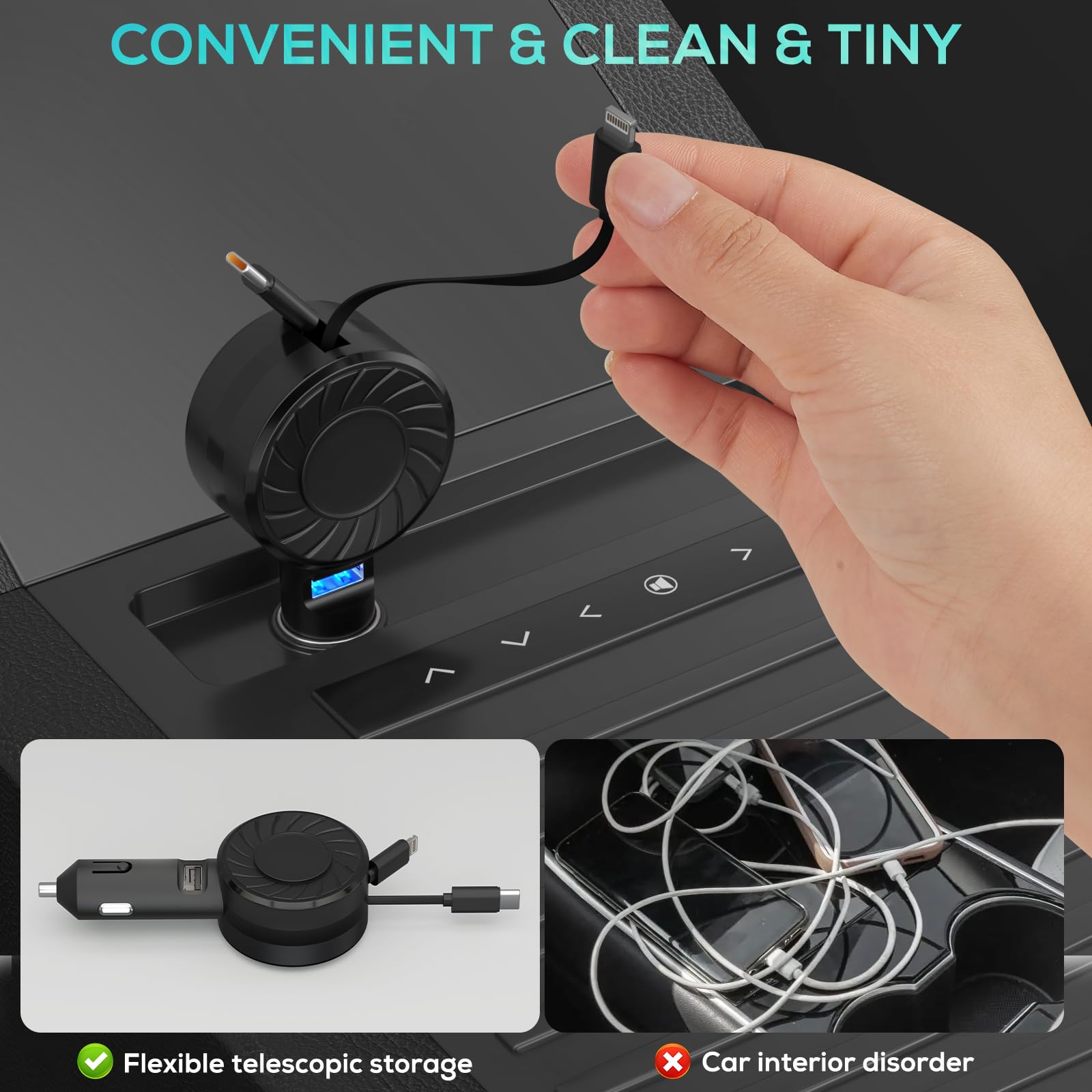 2-Pack Retractable 50W Fast Car Charger with 3-in-1 USB C & Cigarette Lighter Port - Compatible with iPhone 15 Pro/Samsung/Android/Pixel - Perfect for Road Trips & Daily Commutes