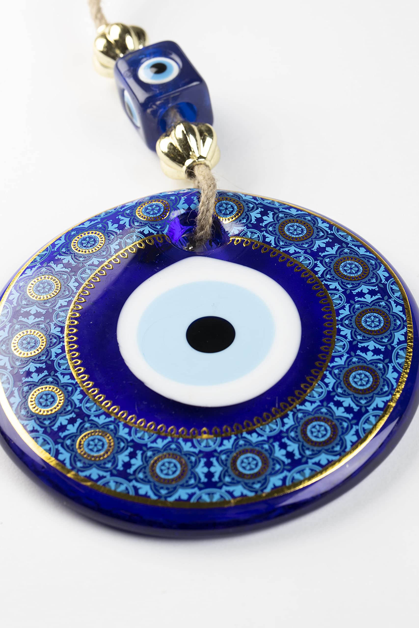 Evil Eye Wall Decor - 5.11 Inch Turquoise & Gold Frame Hanging Home Protection Ornament for Living Room, Bedroom & Office | Nevfactory Handmade Spiritual Decor