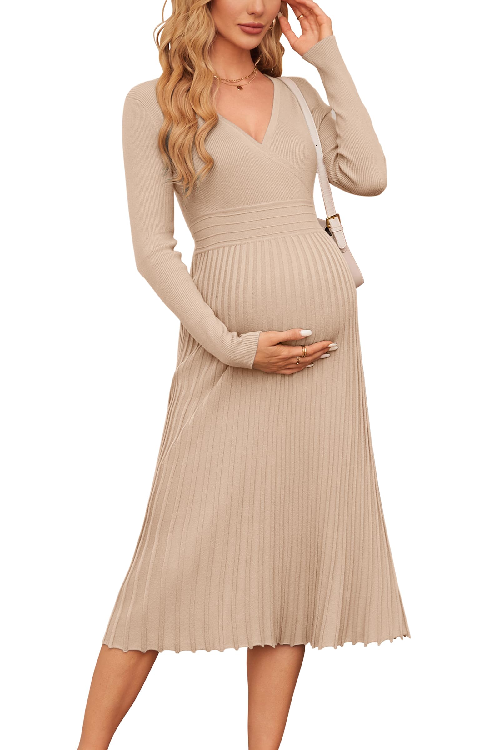 OUGES Women's 2024 Fall Maternity Dress - Long Sleeve Wrap V-Neck Pleated Midi Sweater Dress for Pregnancy | Trendy Casual Outfit for Work, Baby Shower & Autumn Dates