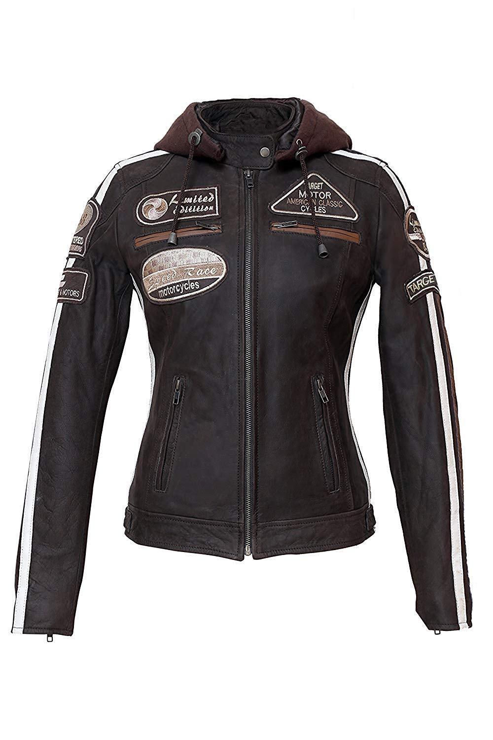 Vintage Women's Motorcycle Leather Jacket with Detachable Hood - Café Racer Style Protective Biker Jacket for Riding, Fashion & Outdoor Adventures