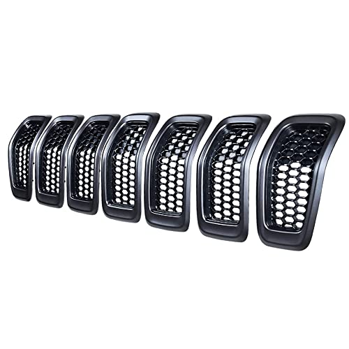 **Astra Depot 7-Piece Black Honeycomb Mesh Front Grill Grille Inserts Cover for 2014-2018 Jeep Cherokee with Retro Gray Trim – Upgrade Your Off-Road Style**    *(Use Case: Perfect for Jeep Cherokee owners looking to enhance their vehicle's front grille with a sleek, durable, and stylish upgrade for off-road adventures or urban driving.)*