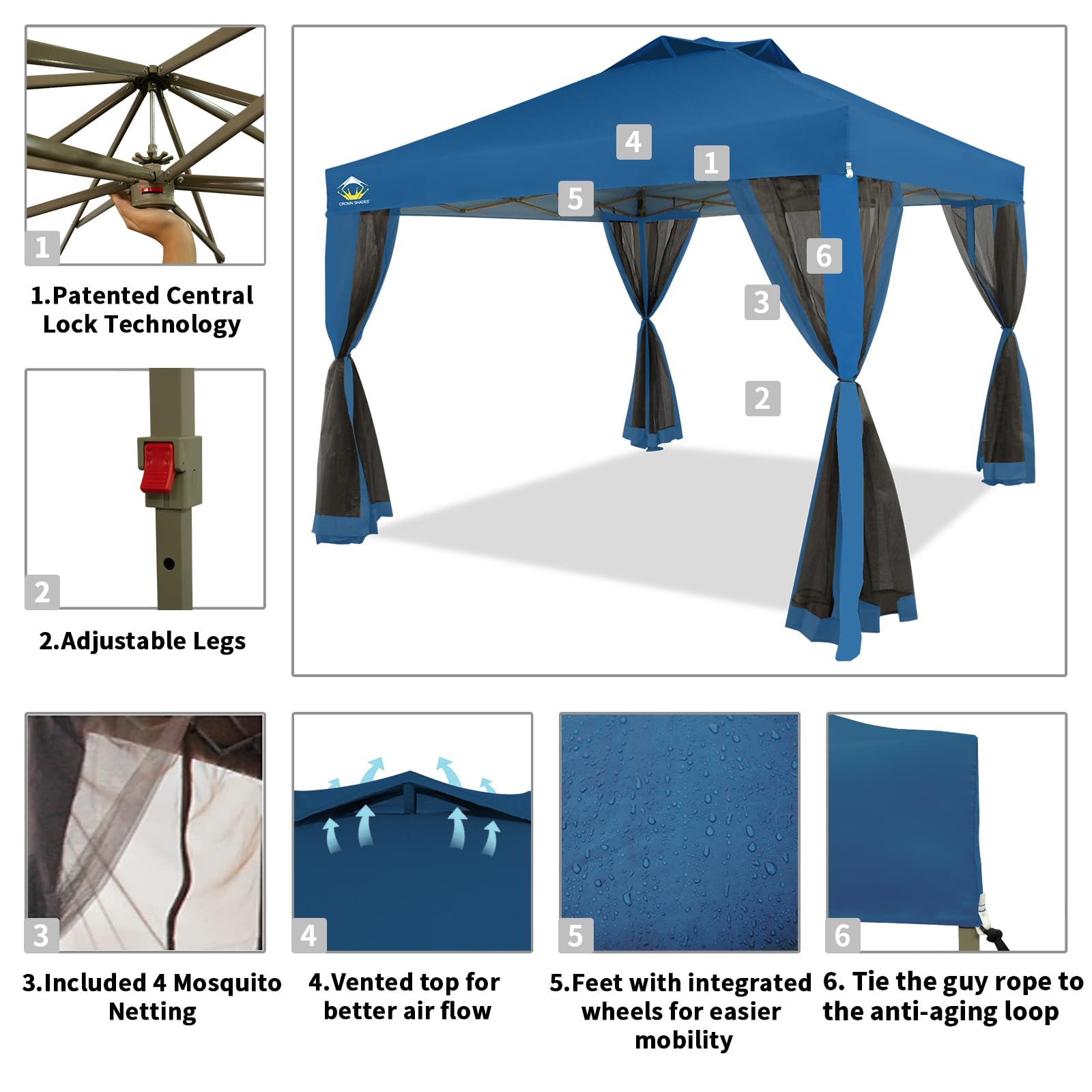 10x10 Pop Up Canopy Tent with Netting - CROWN SHADES Portable Gazebo for Outdoor Events, Includes 4 Ropes, 8 Stakes & 4 Weight Bags - Wheeled Storage Bag - Perfect for Patio, Backyard, Camping & Beach Parties (Blue)