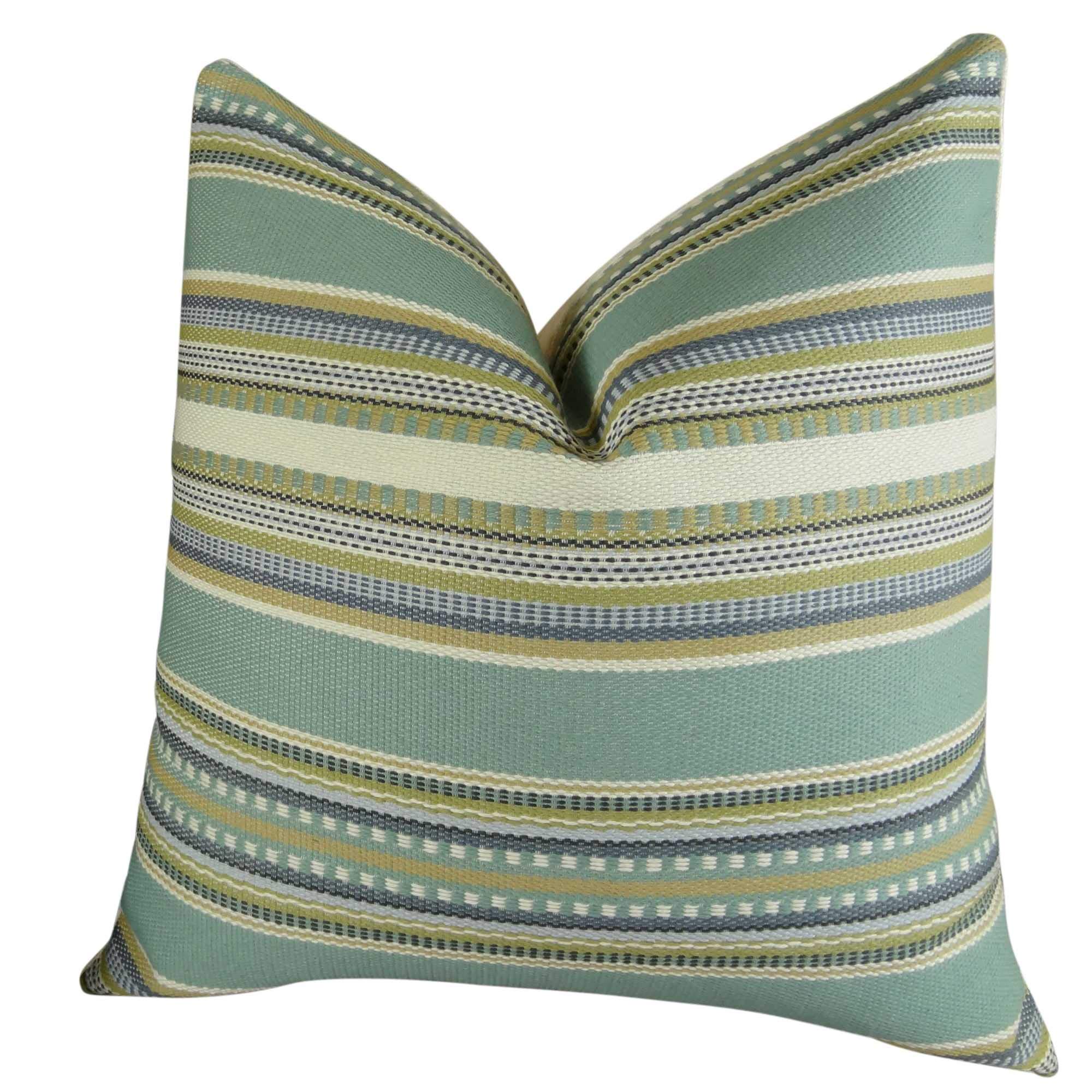 Plutus Chic Stripe Aloe Handmade Throw Pillow 16x16 Inch - Light Blue Green Cream Cotton Cushion Cover for Sofa, Bed, Couch Decor - Boho Home Accessories