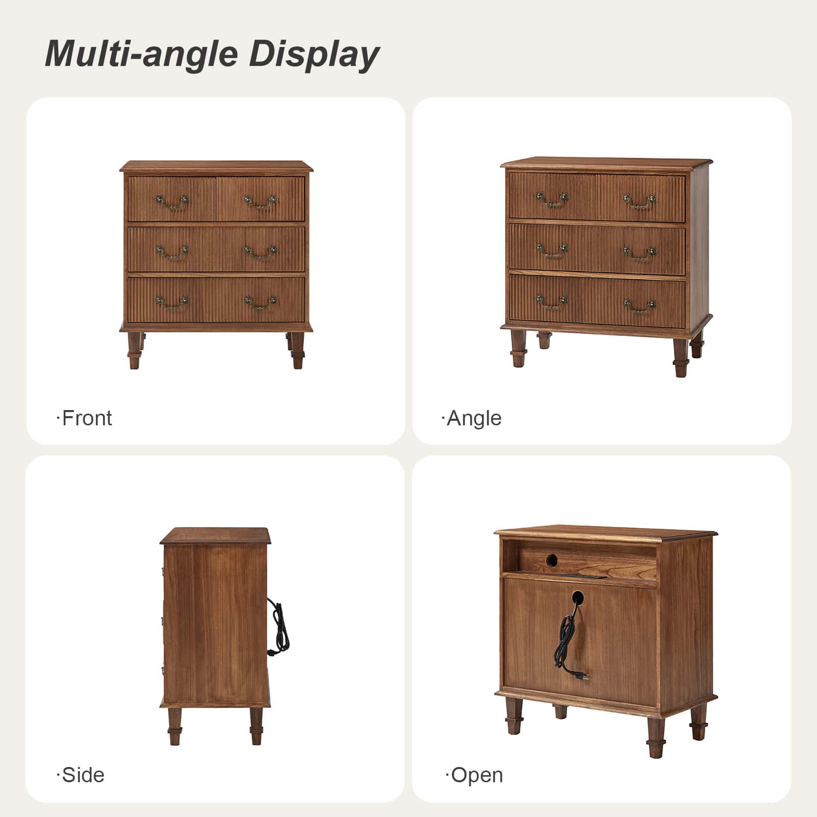 Rustic 3-Drawer Nightstand with USB Charging Station - Solid Wood Bedside Table for Bedroom, Living Room & Guest Room | Galatea Optional Types