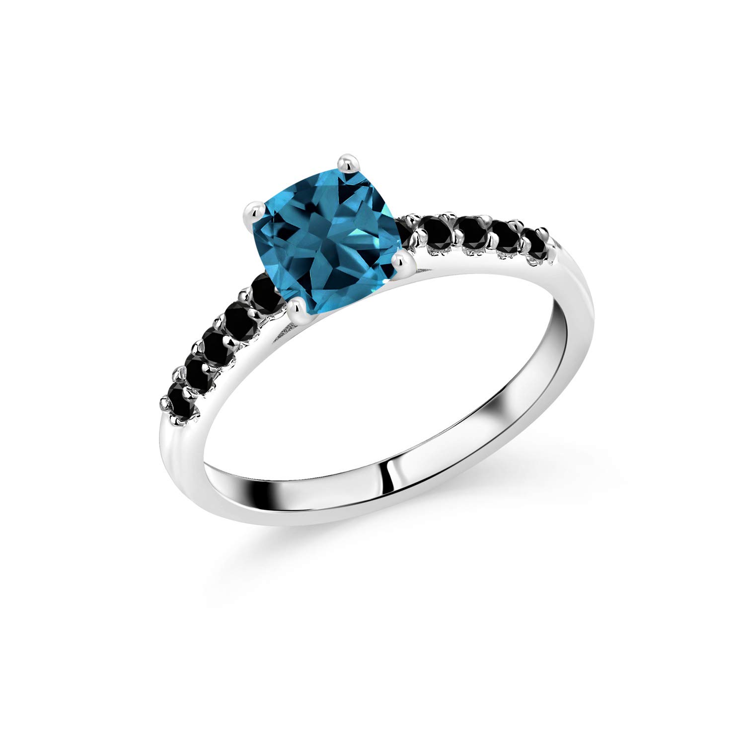 1.51 Ct Cushion Cut London Blue Topaz & Black Diamond Ring in 10K White Gold | Elegant Engagement, Wedding, Anniversary Jewelry Gift for Women