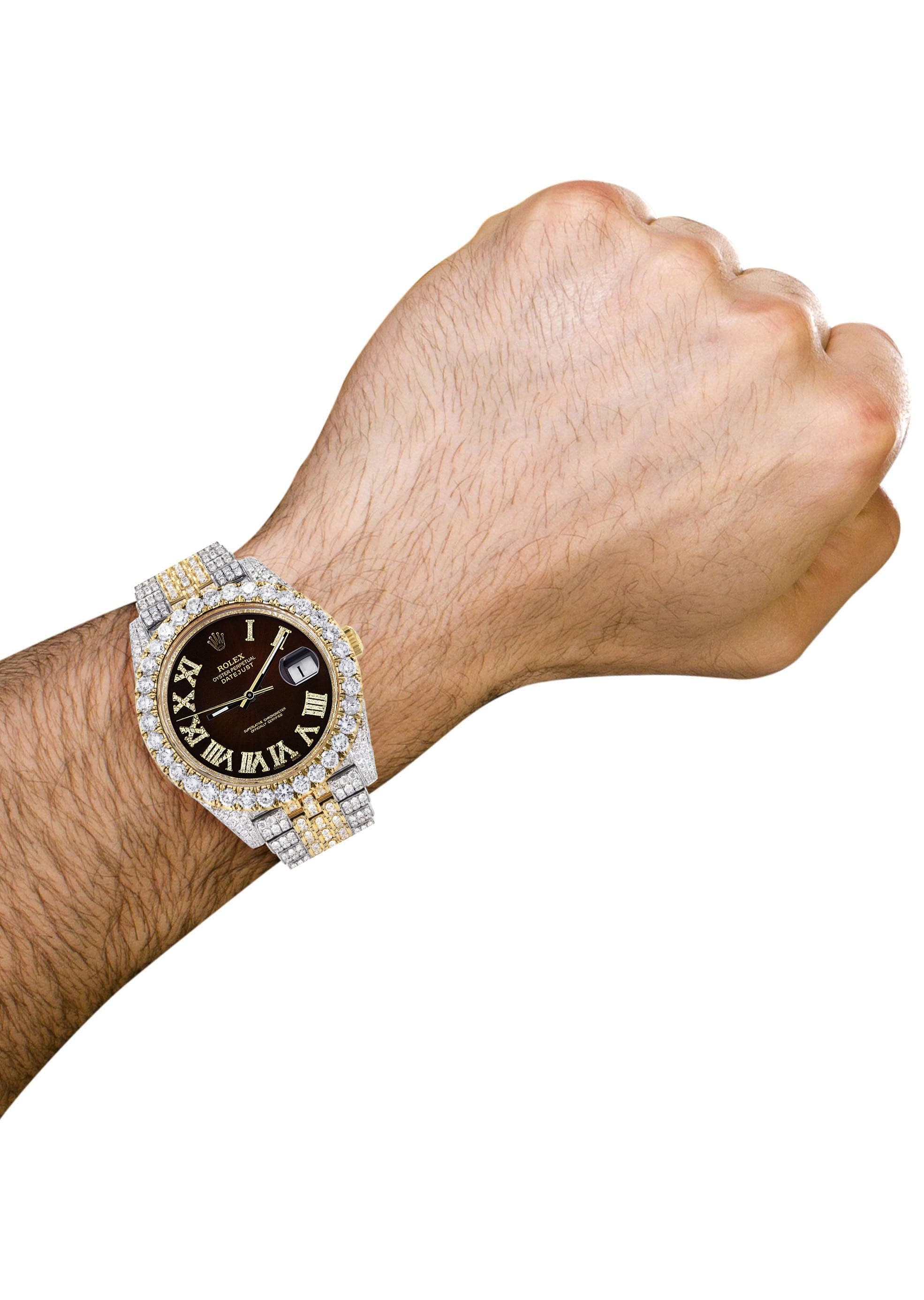 Luxury Diamond Iced Out Rolex Datejust 41 Watch - 25 Carats Genuine Diamonds | Custom Dark Brown Roman Numeral Diamond Dial | Two-Tone Stainless Steel & Gold | Jubilee Bracelet | Perfect for Special Occasions & Luxury Gift Giving
