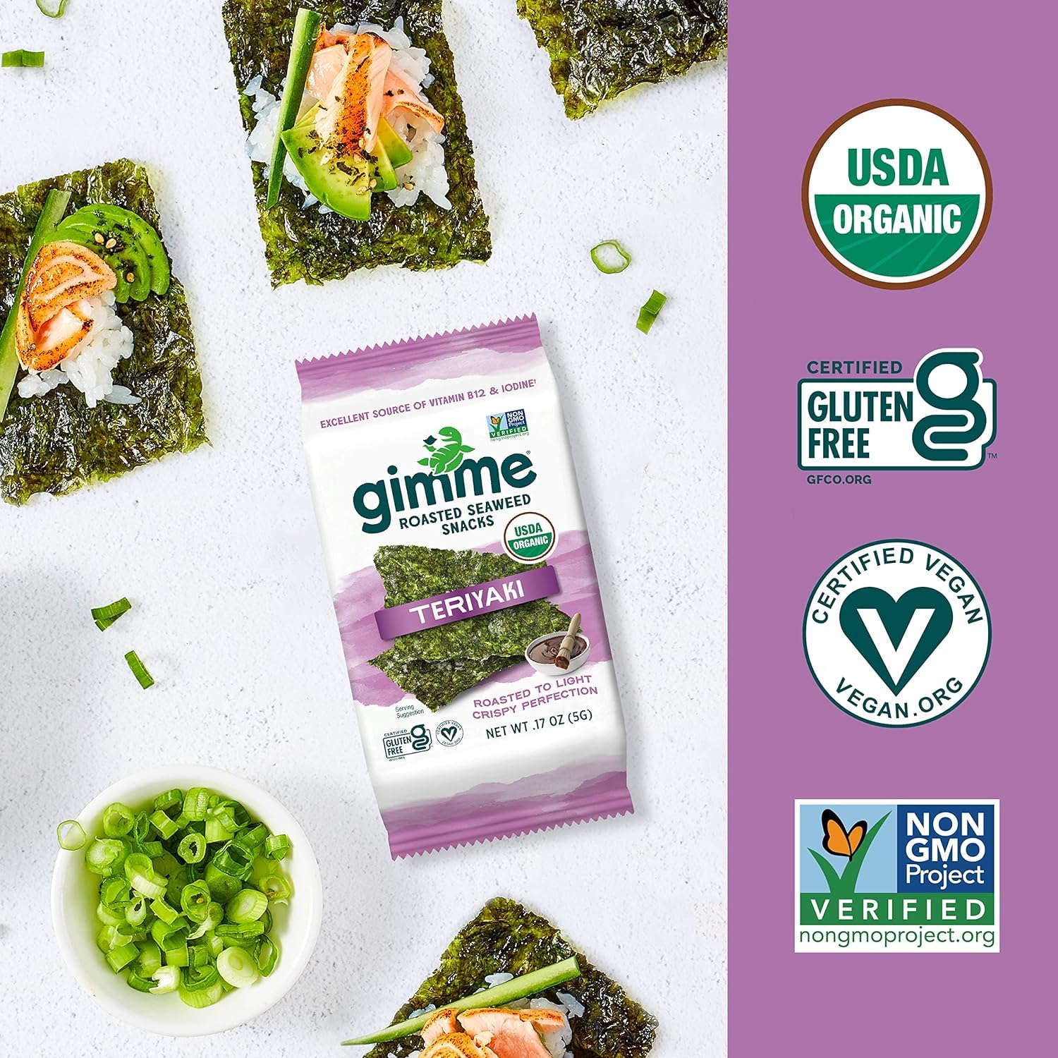 Gimme Seaweed Organic Premium Roasted Seaweed Snacks - Teriyaki Flavor, 20 Count | Keto, Vegan, Gluten-Free | Rich in Omega-3 & Iodine | Healthy On-The-Go Snack for Kids & Adults | Perfect for Lunchboxes, Office Snacking & Travel