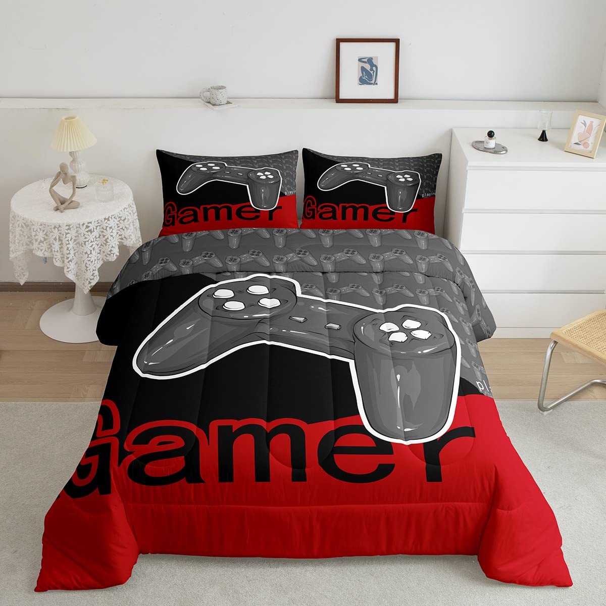 Erosebridal Boys Queen Bedding Sets - Gaming Themed Comforter Sets for Kids & Toddlers, Red and Grey - Perfect for Bedrooms, Sleepovers, and Gaming Rooms