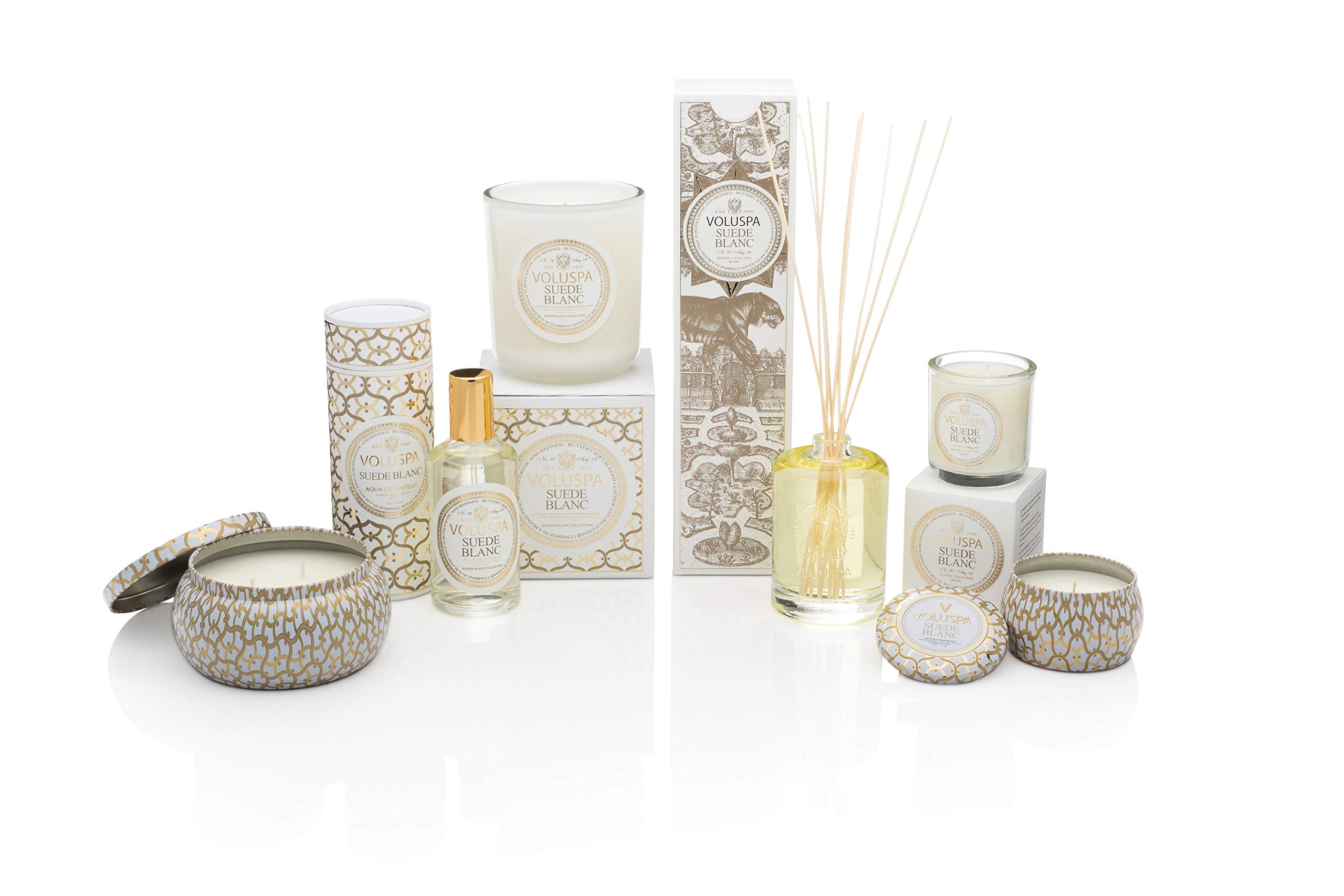 Voluspa Suede Blanc Classic Maison Candle - 12 oz (100 Hour Burn Time) | Luxury Home Fragrance for Living Room, Bedroom & Bathroom Decor