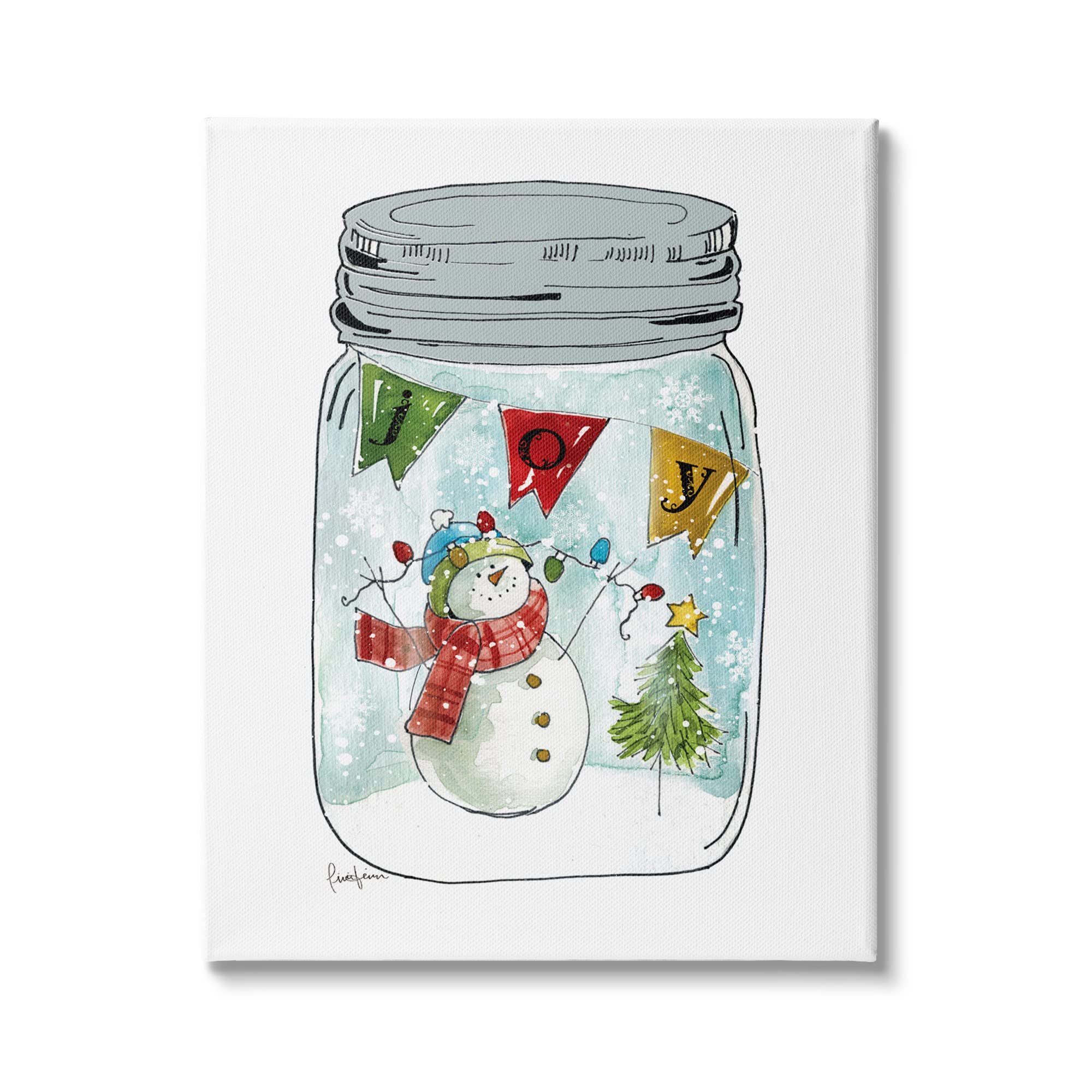 Stupell Industries Joy Text Snowman Christmas Tree Lights Country Jar Canvas Wall Art - 36
