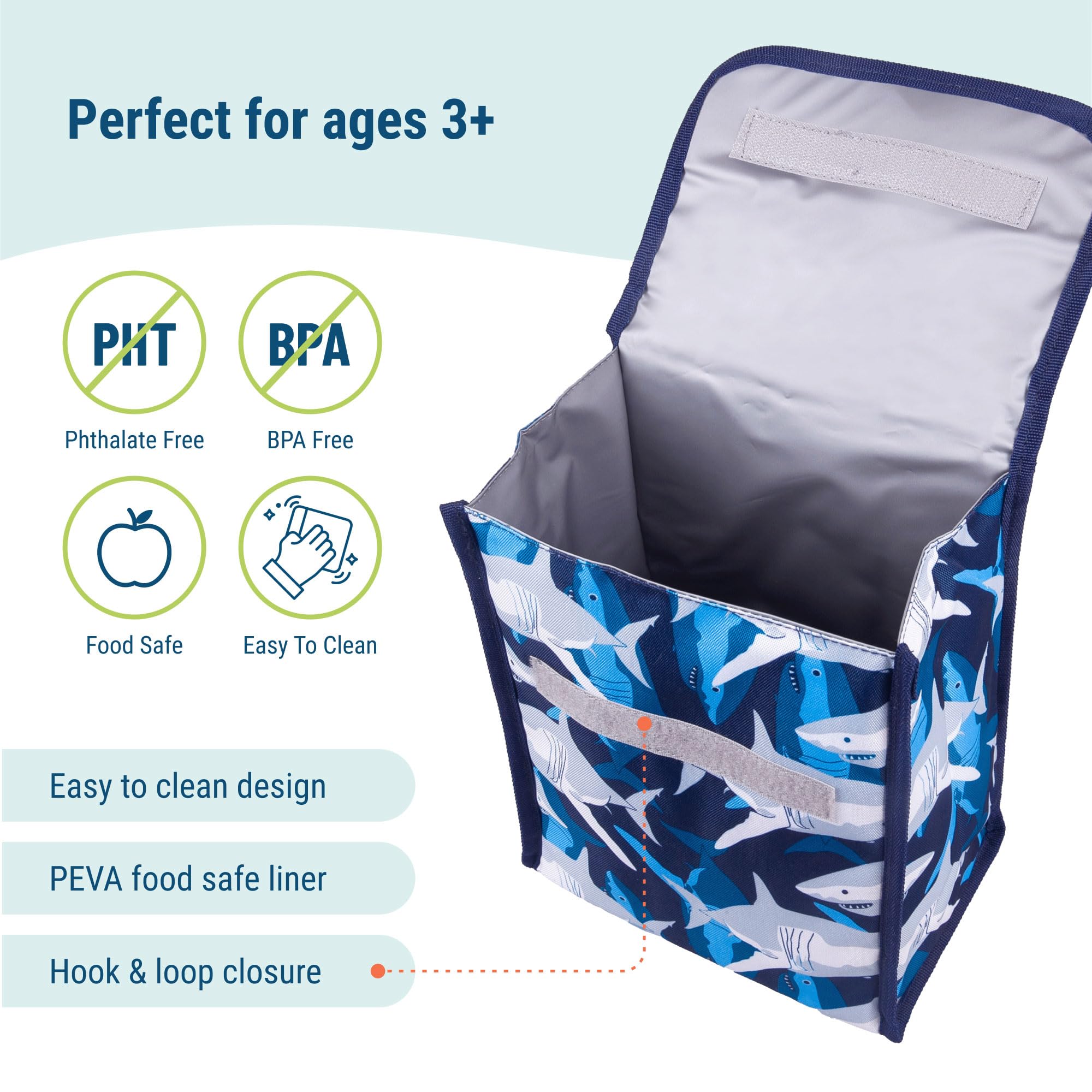 Wildkin Kids Insulated Lunch Bag for School & Travel - Reusable Thermal Lunch Box for Hot & Cold Food - Shark Design Lunch Tote for Picnics, Work, and Outdoor Activities
