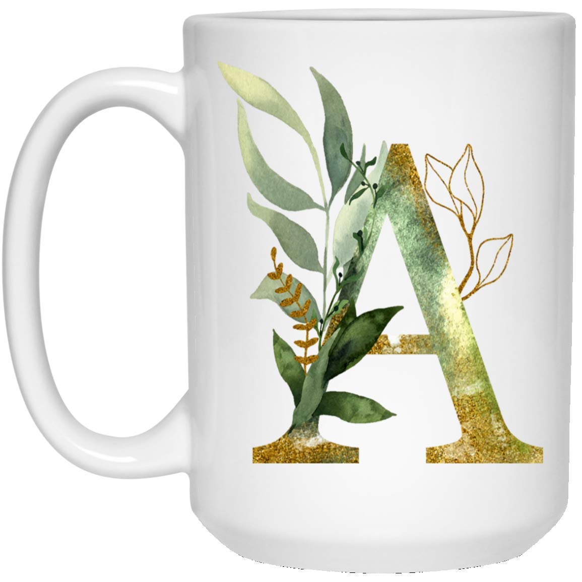 Alpha A Monogram Coffee Mug - 15oz Gold Shimmer Floral Letter A Ceramic Cup for Tea, Coffee & Hot Chocolate | Perfect Gift for Women, Birthday, Christmas & Mother's Day | Elegant Office & Home Use