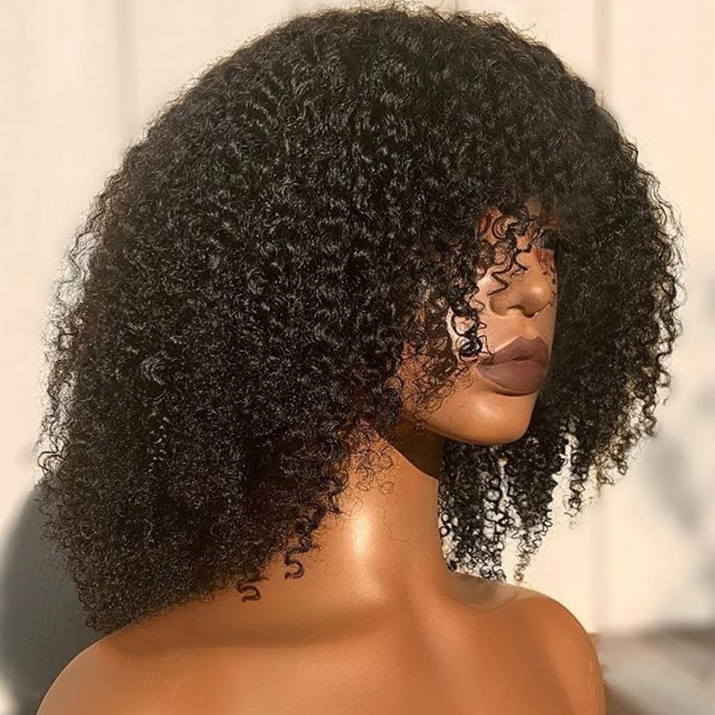 200 Density Afro Kinky Curly Human Hair Wig with Bangs - Virgin Brazilian Short Curly Wig for Women - Full Machine Made Scalp Top - 14 Inch Natural Black - Perfect for Cosplay, Daily Wear & Protective Styles