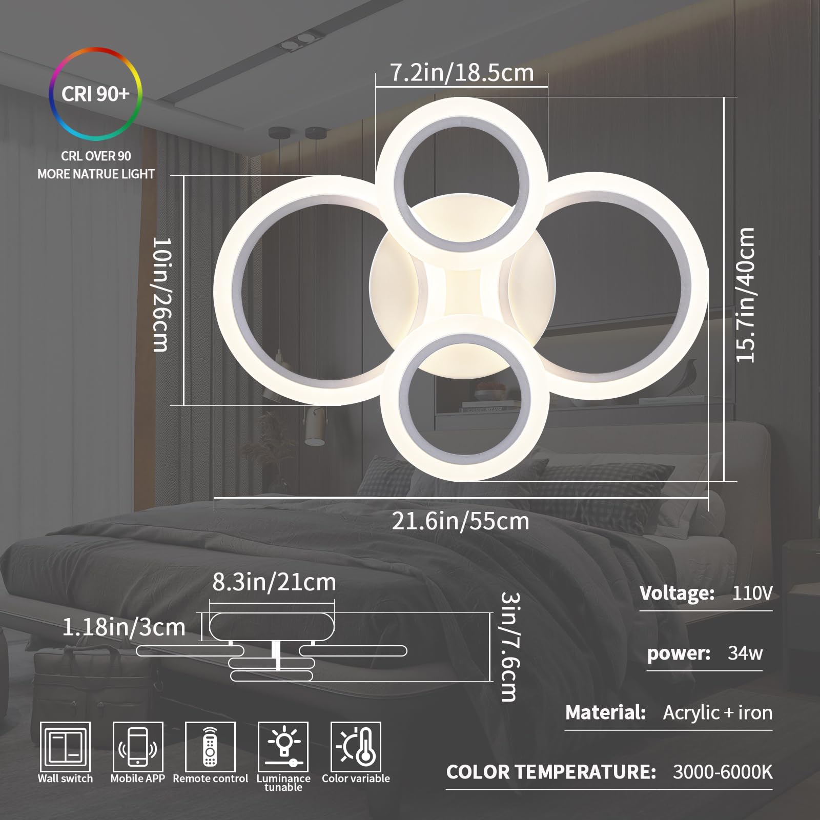 34W LED Ceiling Light with Remote Control, 3000-6000K Adjustable Color Temperature, Dimmable Modern Flush Mount Lighting Fixture - White 4-Ring Round Chandelier for Bedroom, Living Room, Kitchen, Small Spaces | Energy Efficient Home & Office Lighting Solution