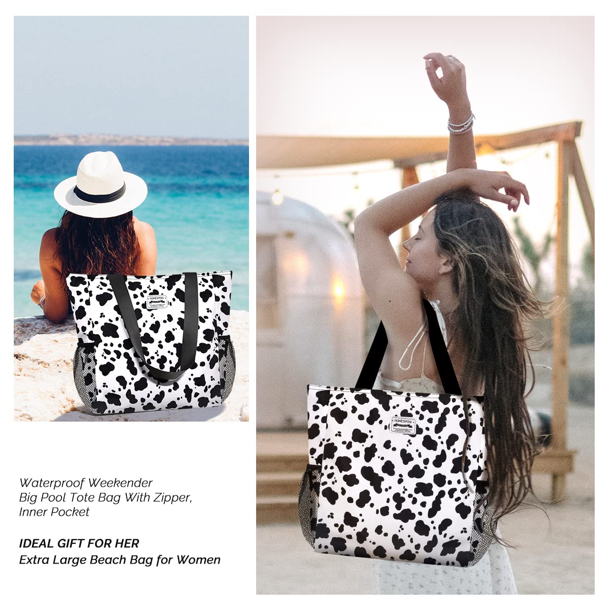 Burninger Large Waterproof Beach Tote Bag for Women - Sandproof Zippered Pool Bag with Pockets - Perfect for Travel, Gym, Vacation & Summer Outings