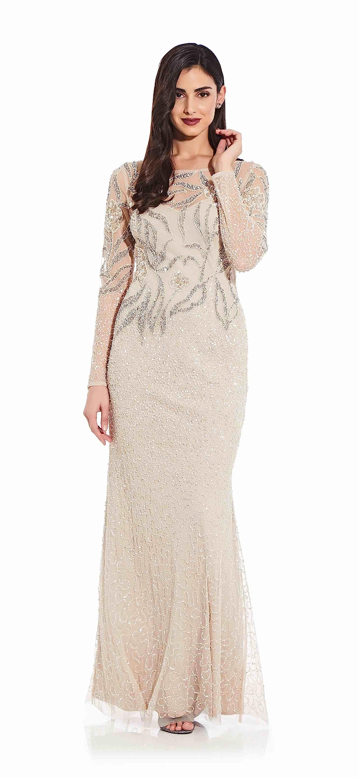 Adrianna Papell Women's Beaded Long Sleeve Evening Gown - Elegant Formal Dress for Weddings, Galas & Special Occasions