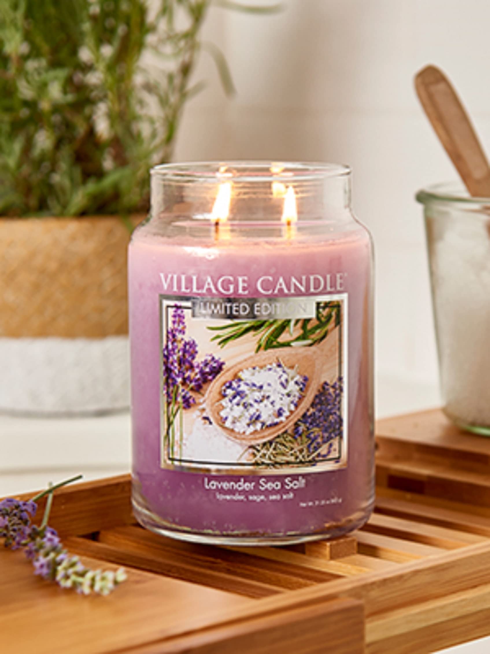 Village Candle Lavender Sea Salt & Fresh Lemon Scented Candles - 21.25 oz Large Glass Apothecary Jar - Purple & Yellow - Relaxing Aromatherapy for Home, Spa & Bedroom Decor